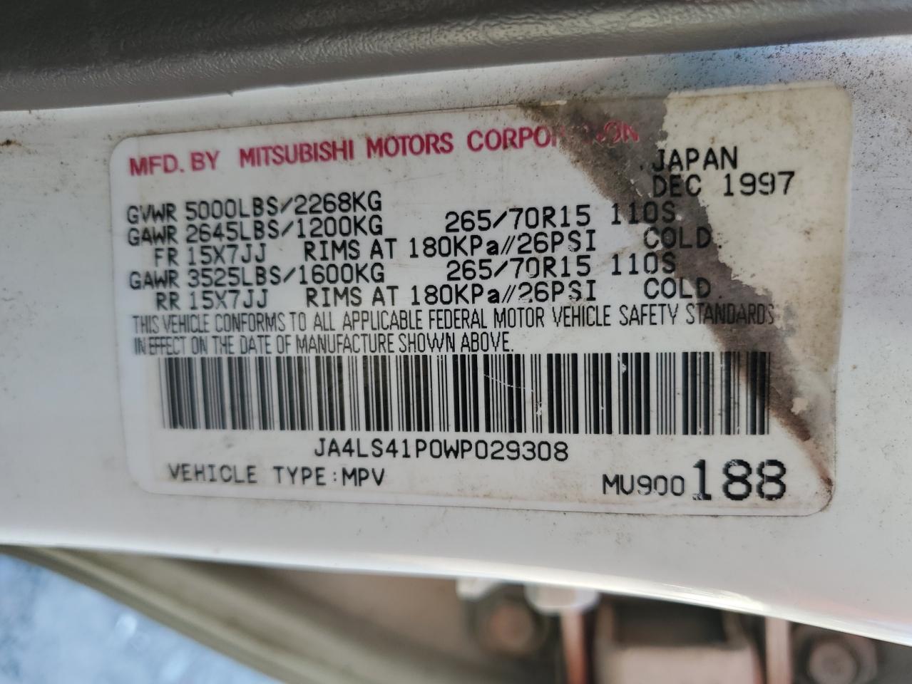 1998 Mitsubishi Montero Sport Xls White vin: JA4LS41P0WP029308