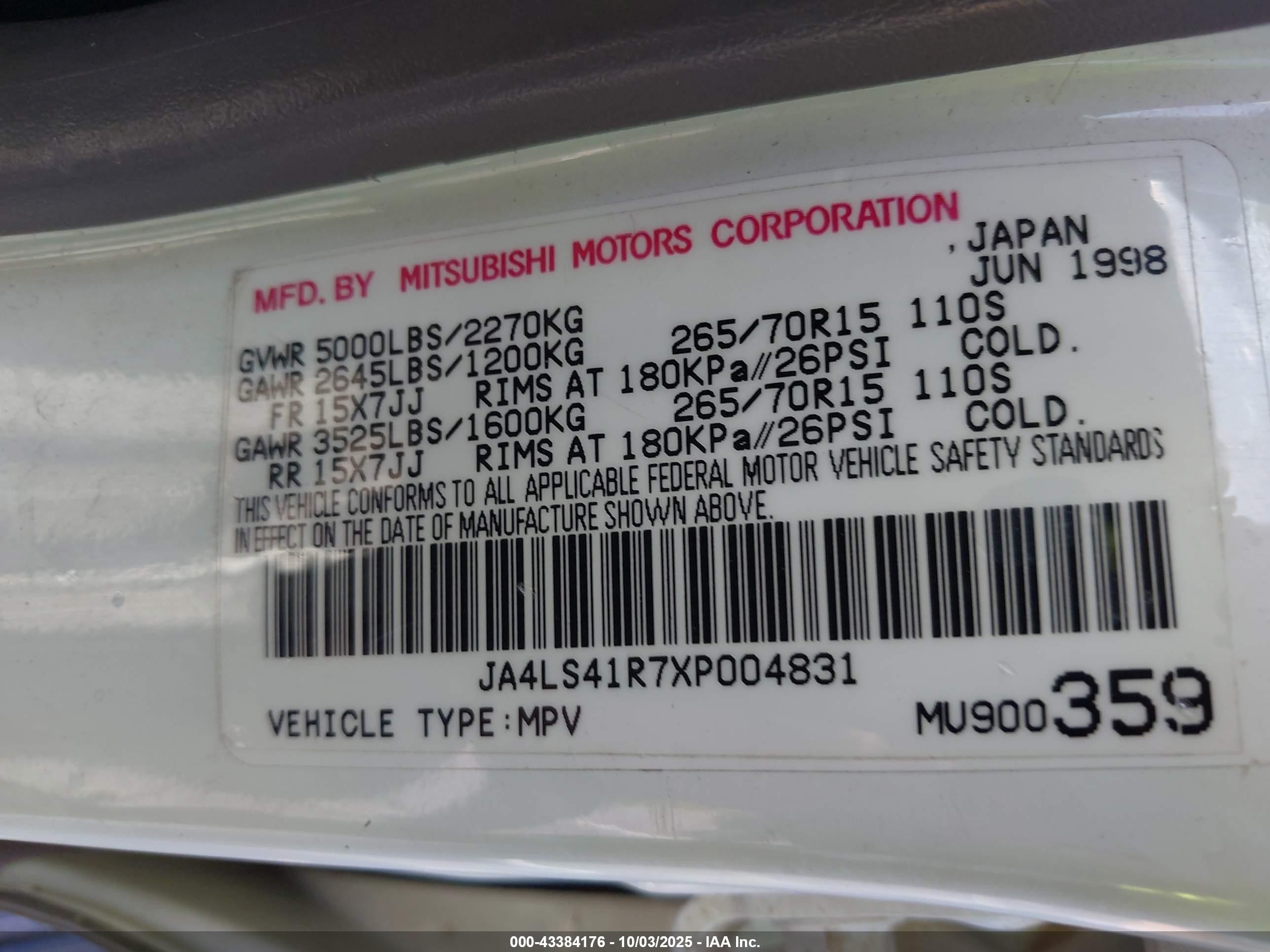 1999 Mitsubishi Montero Sport Ltd White vin: JA4LS41R7XP004831