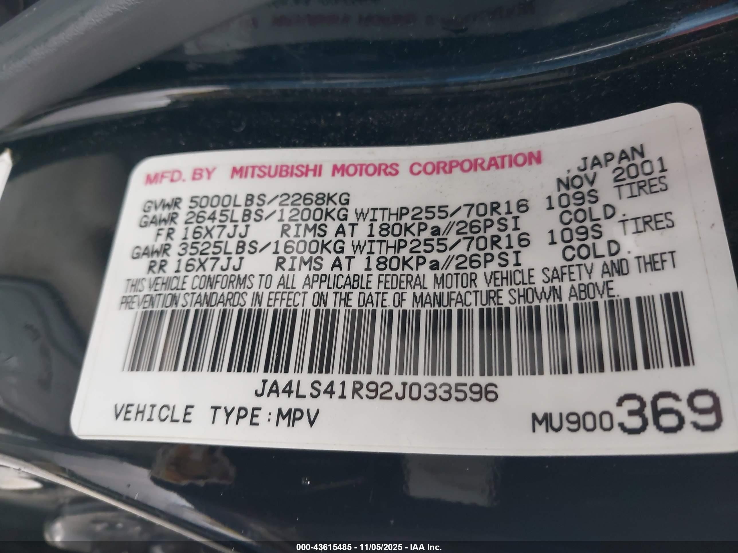 2002 Mitsubishi Montero Sport Ltd Black vin: JA4LS41R92J033596