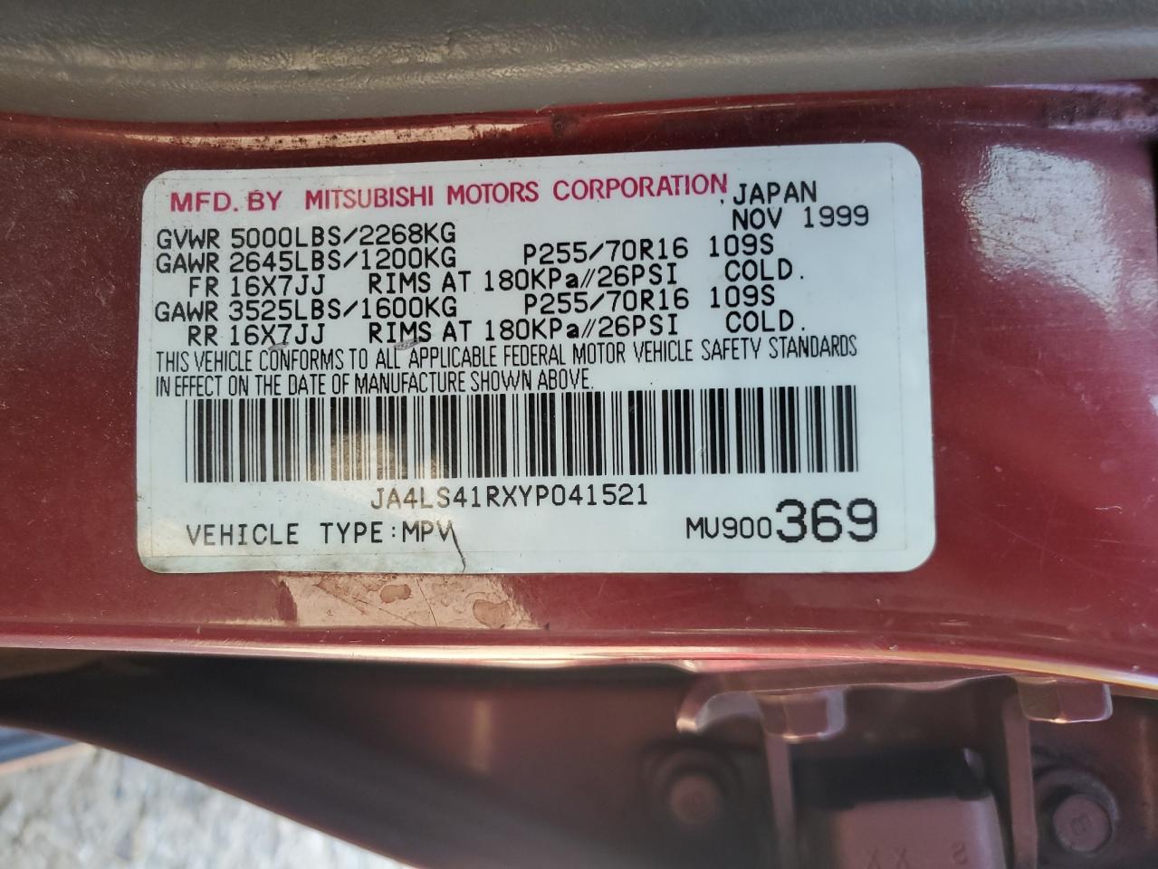 2000 Mitsubishi Montero Sport Limited Burgundy vin: JA4LS41RXYP041521