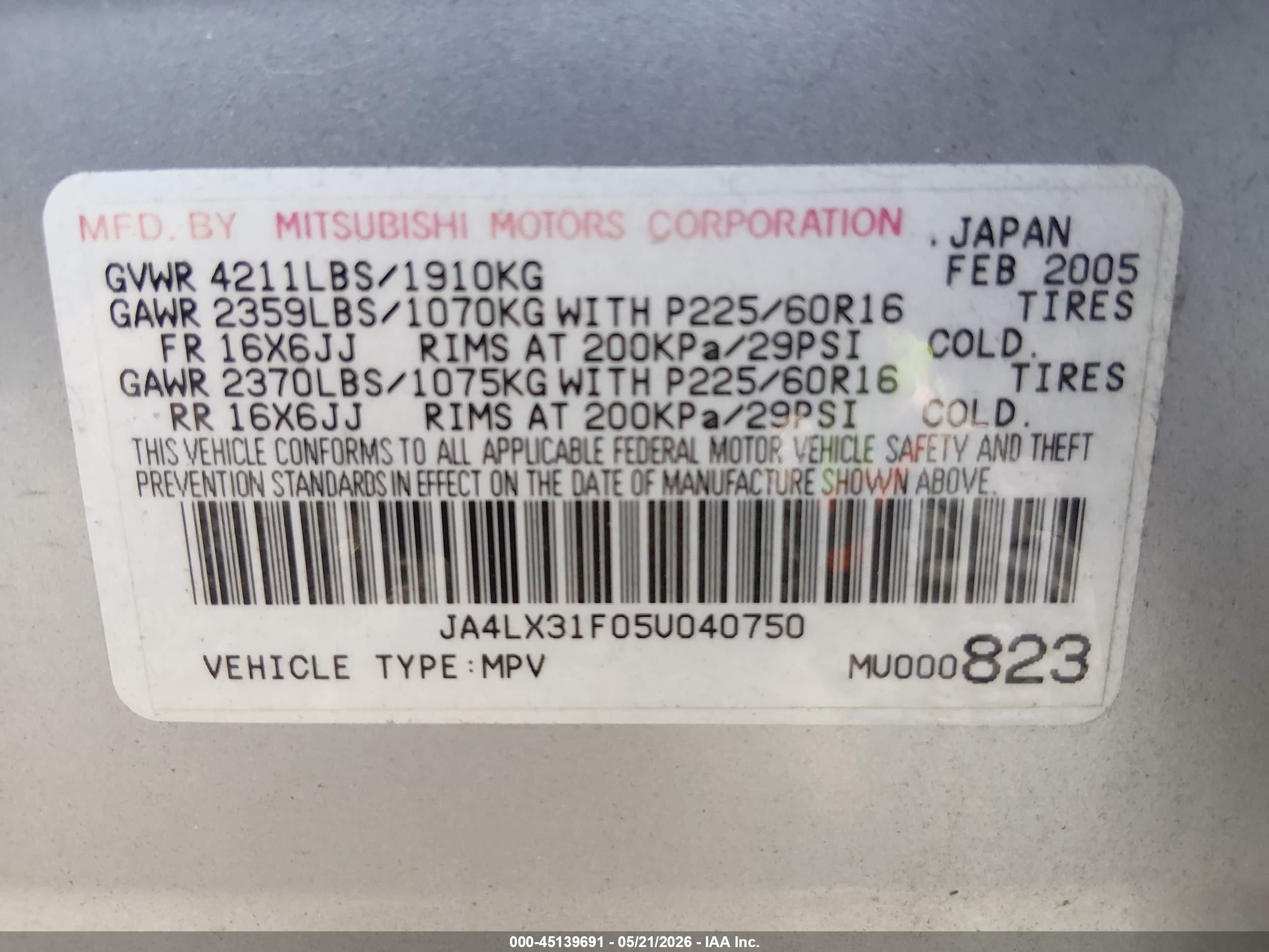 2005 Mitsubishi Outlander Ls Silver vin: JA4LX31F05U040750