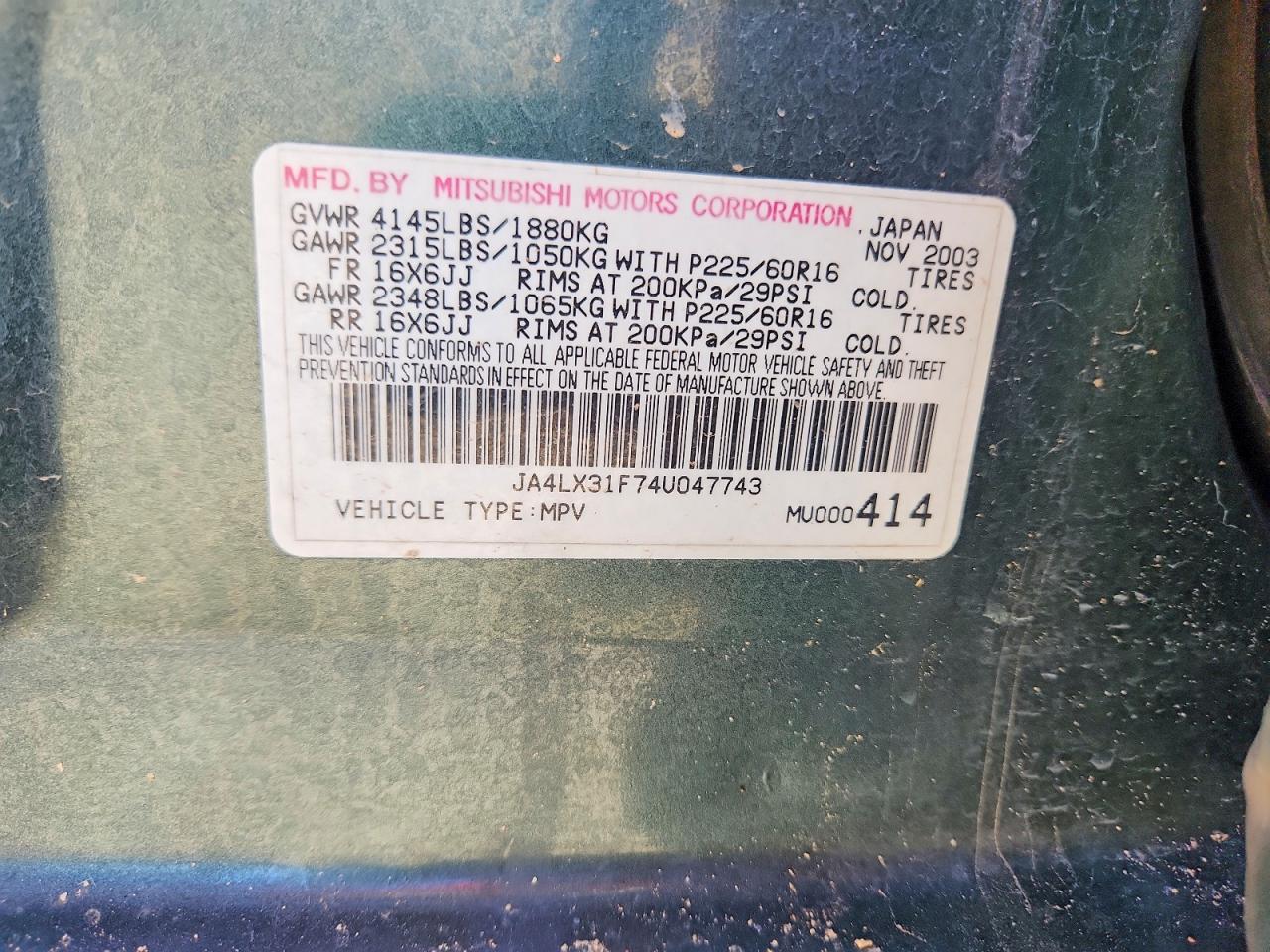 2004 Mitsubishi Outlander Ls Green vin: JA4LX31F74U047743