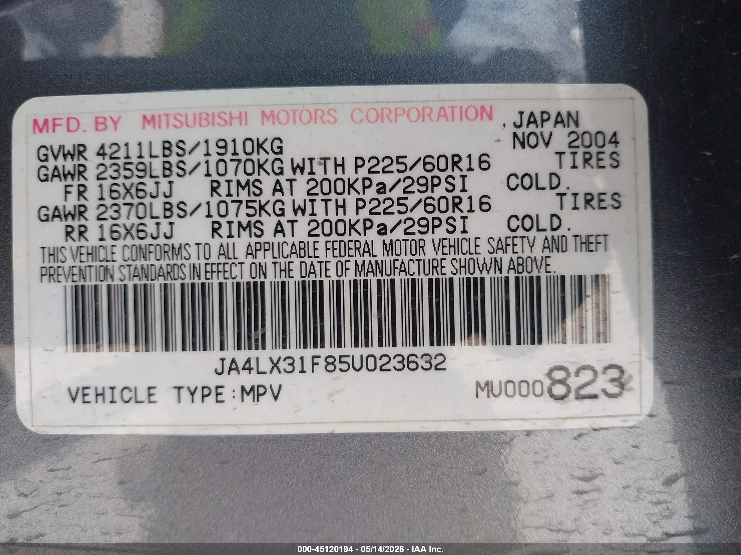 2005 Mitsubishi Outlander Ls Gray vin: JA4LX31F85U023632