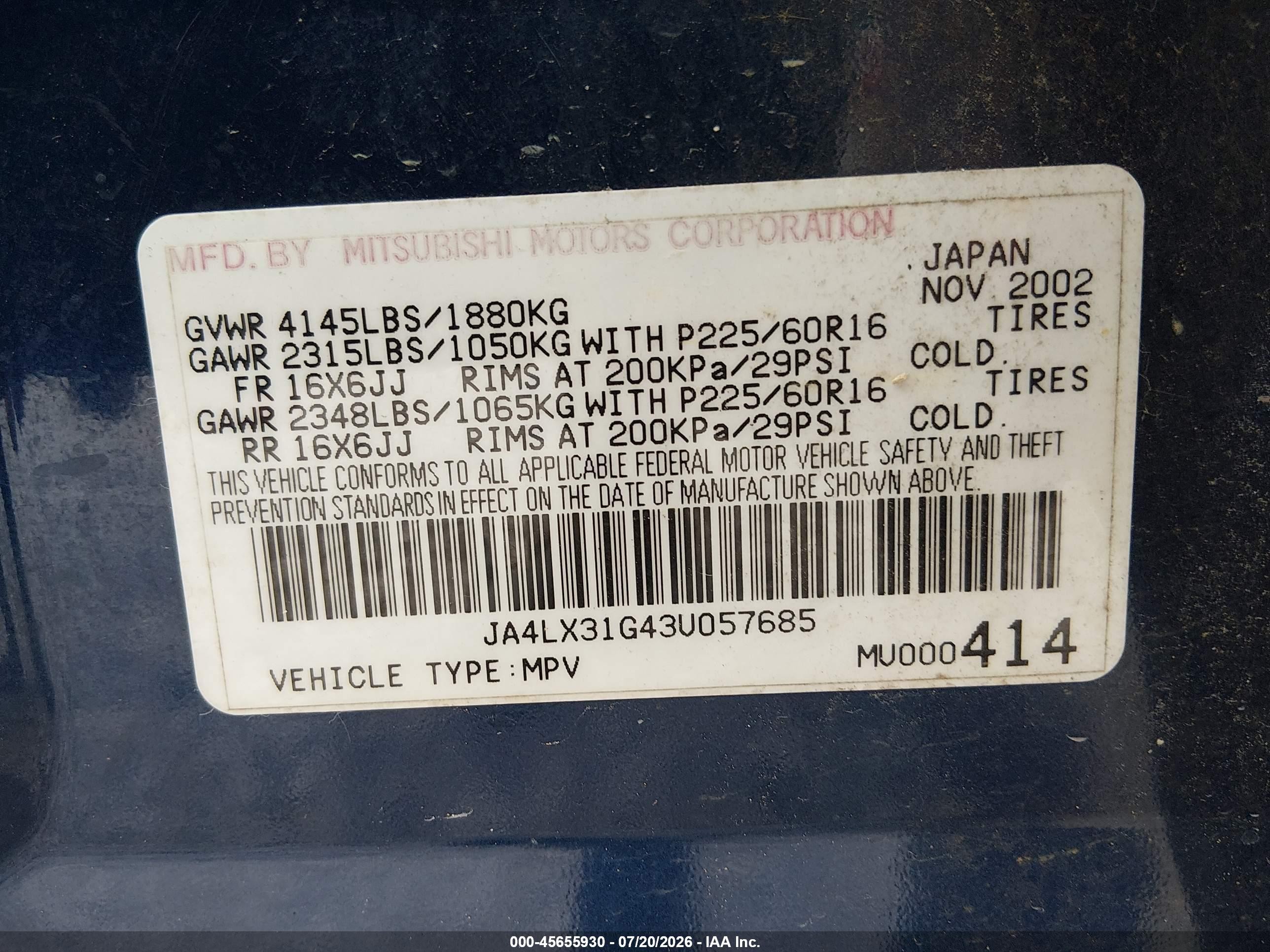 2003 Mitsubishi Outlander Ls Blue vin: JA4LX31G43U057685