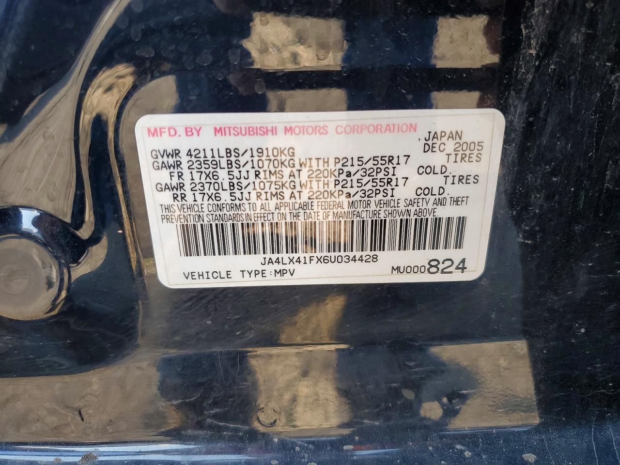 2006 Mitsubishi Outlander Black vin: JA4LX41FX6U034428