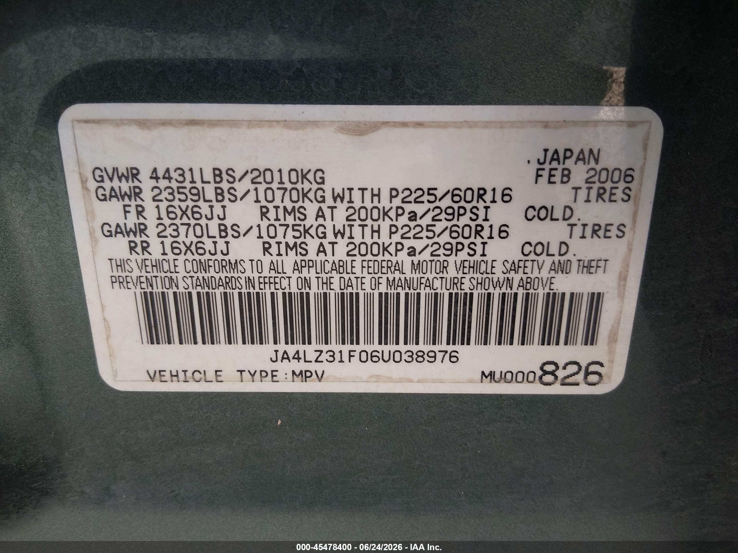 2006 Mitsubishi Outlander Ls Green vin: JA4LZ31F06U038976