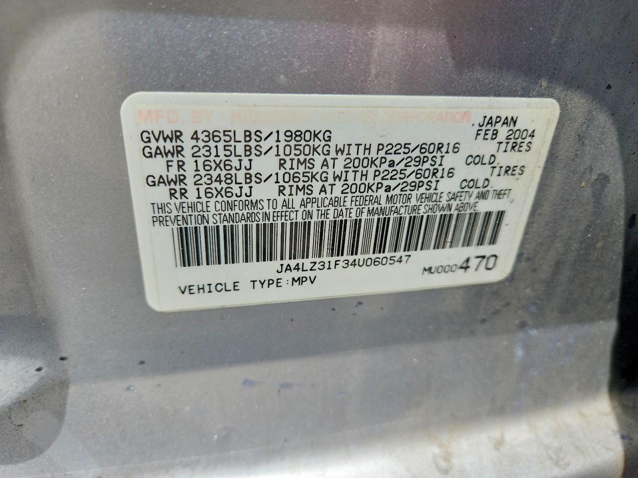 2004 Mitsubishi Outlander Ls Silver vin: JA4LZ31F34U060547