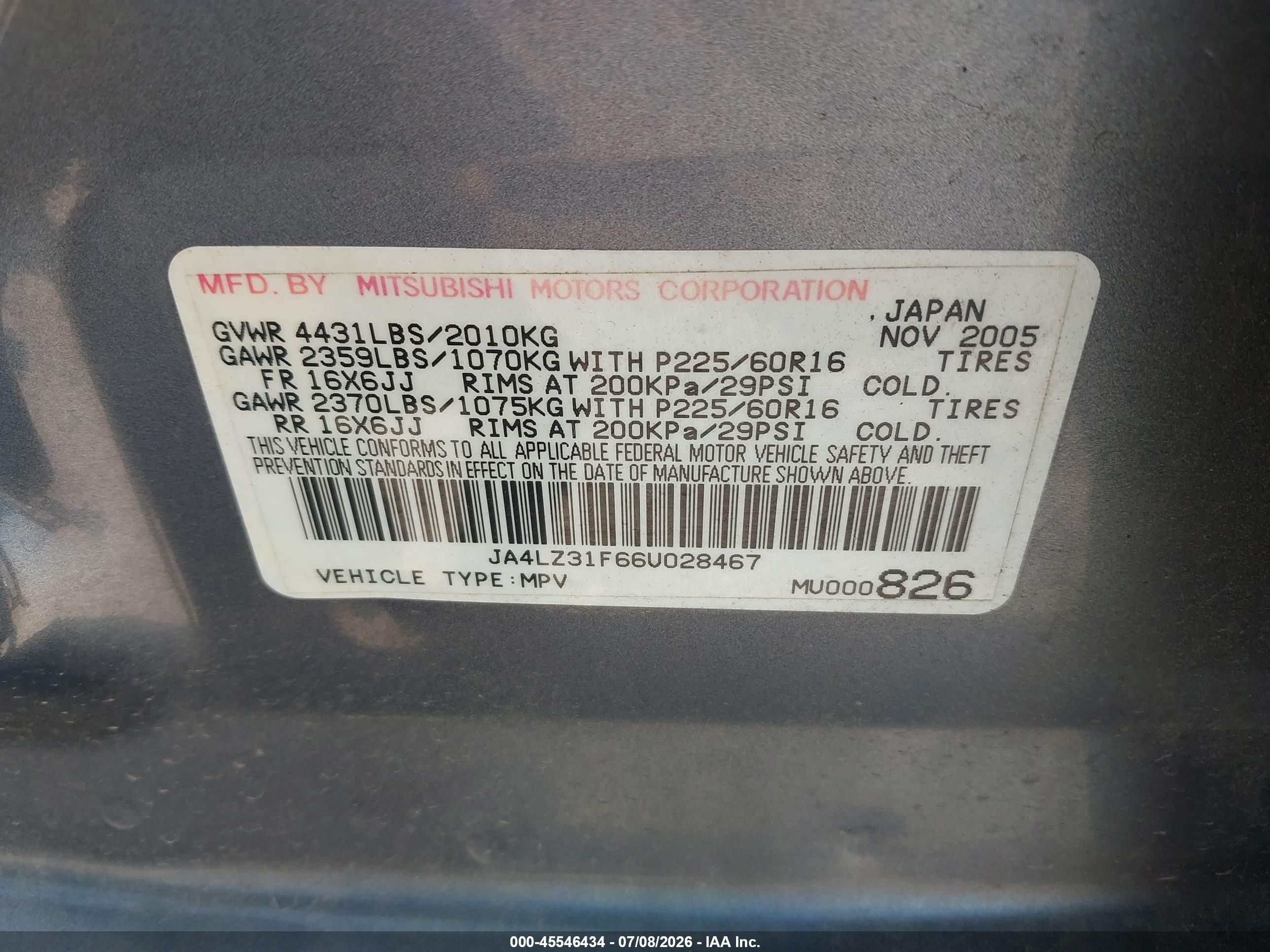 2006 Mitsubishi Outlander Ls Gray vin: JA4LZ31F66U028467