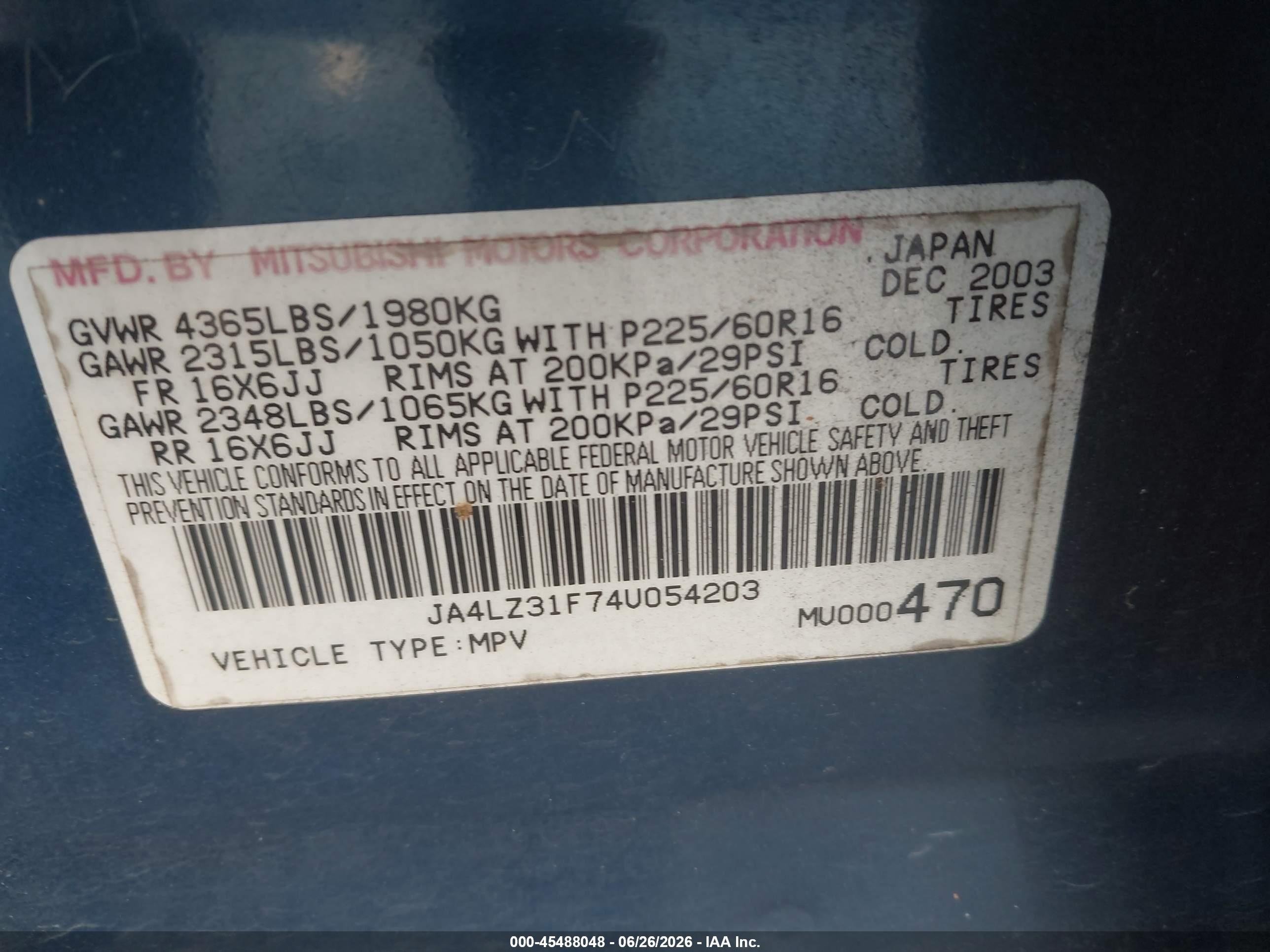 2004 Mitsubishi Outlander Ls Black vin: JA4LZ31F74U054203