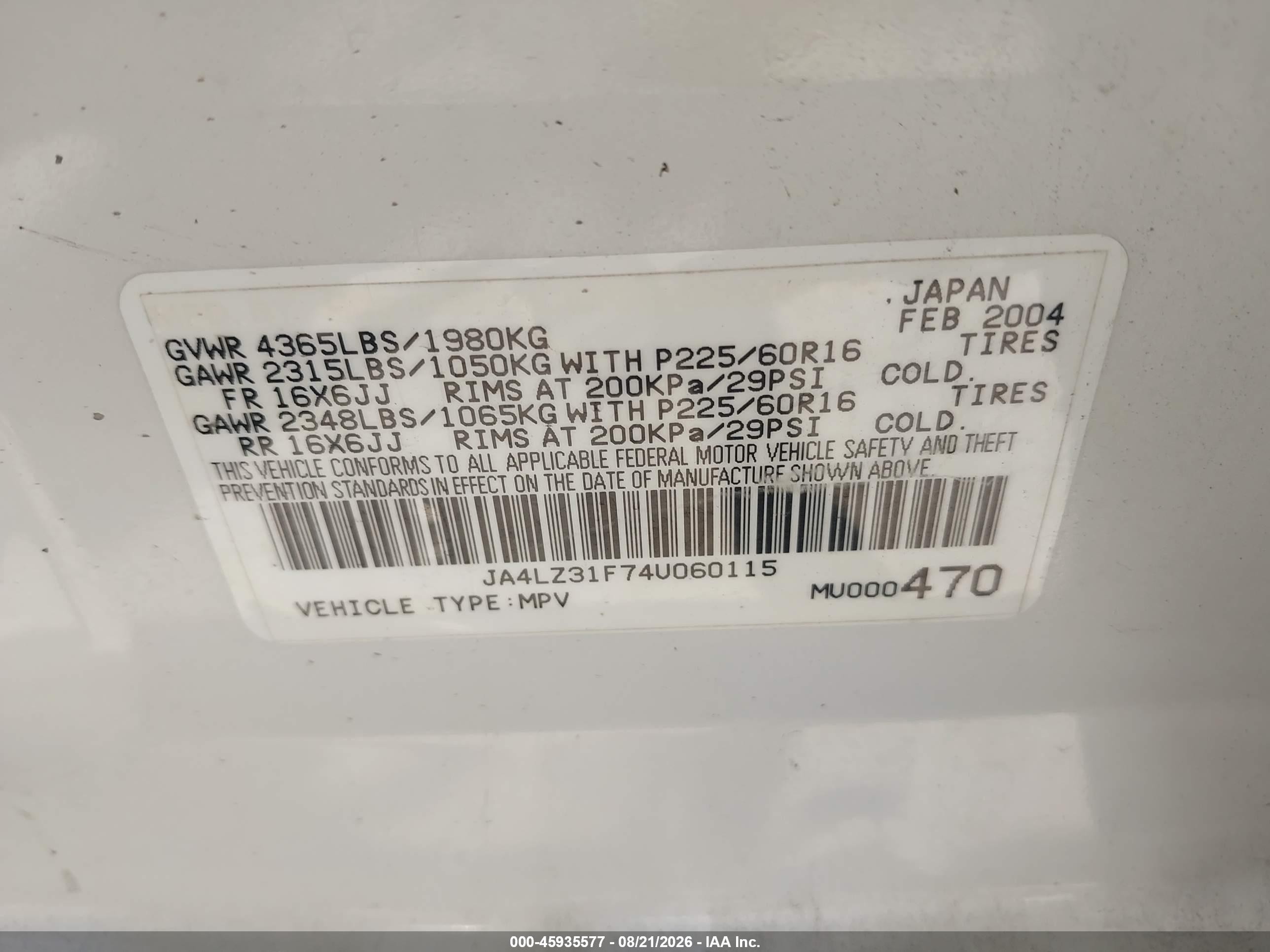 2004 Mitsubishi Outlander Ls White vin: JA4LZ31F74U060115