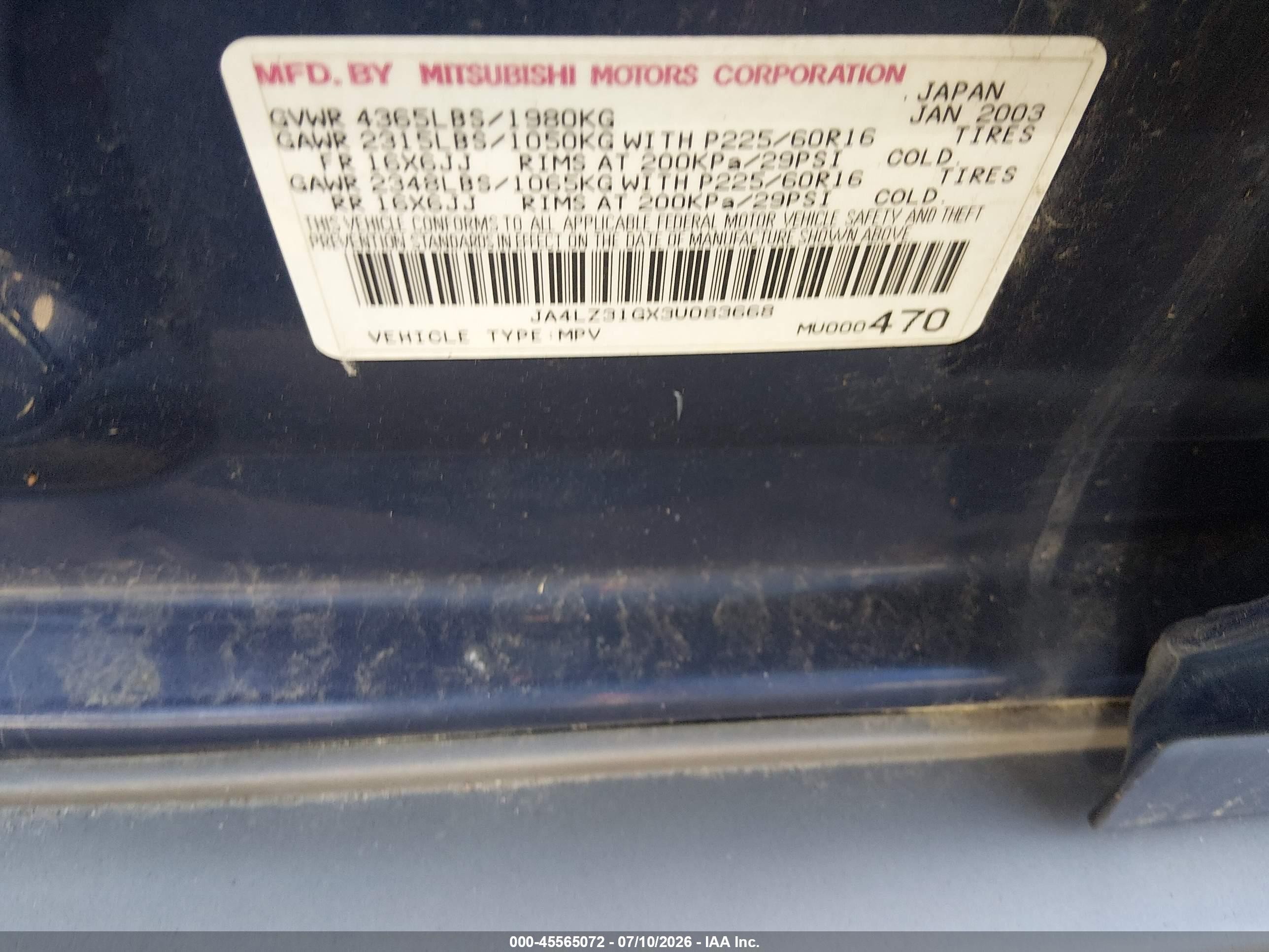 2003 Mitsubishi Outlander Ls Black vin: JA4LZ31GX3U083668