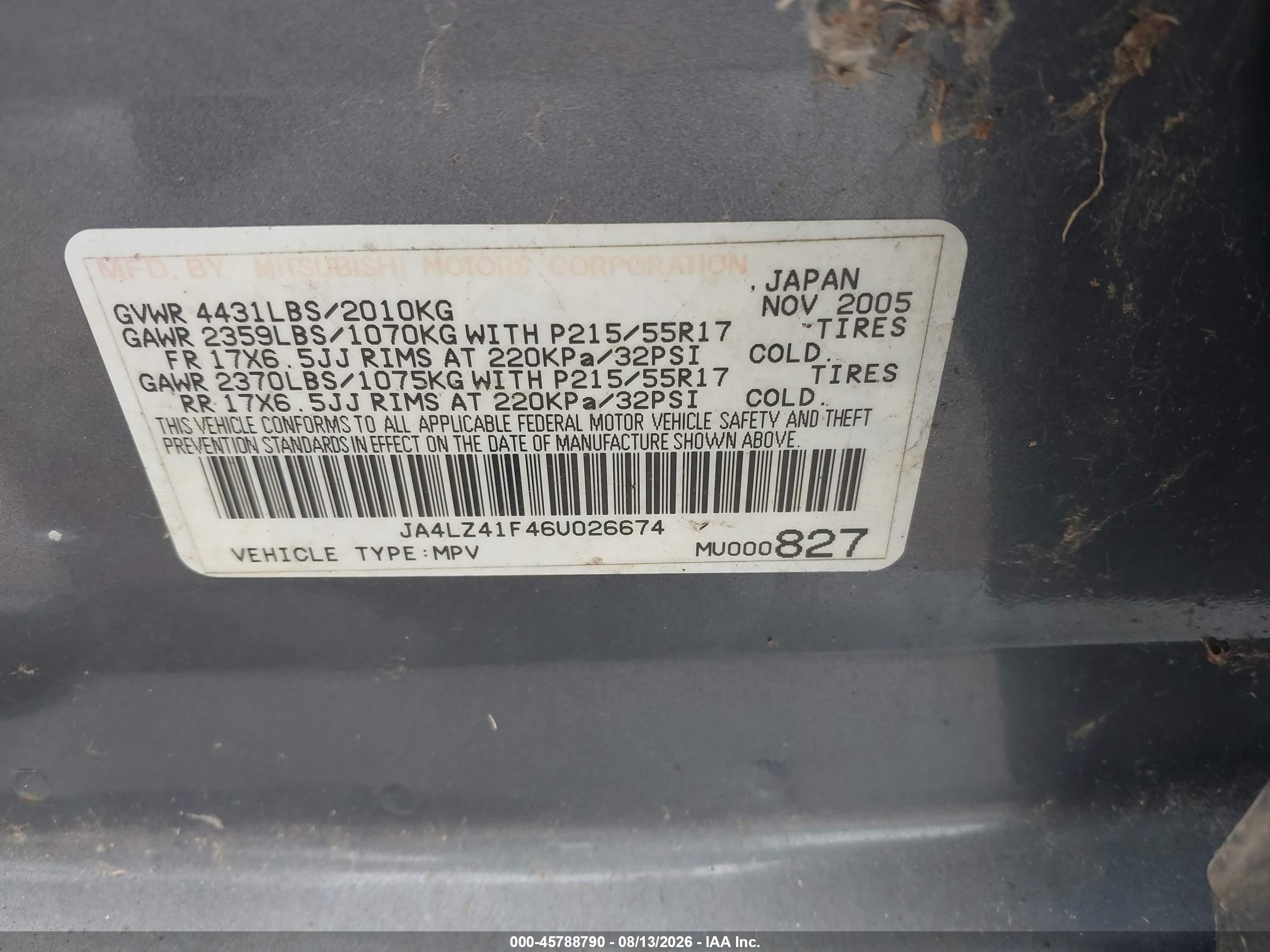 2006 Mitsubishi Outlander Se Gray vin: JA4LZ41F46U026674