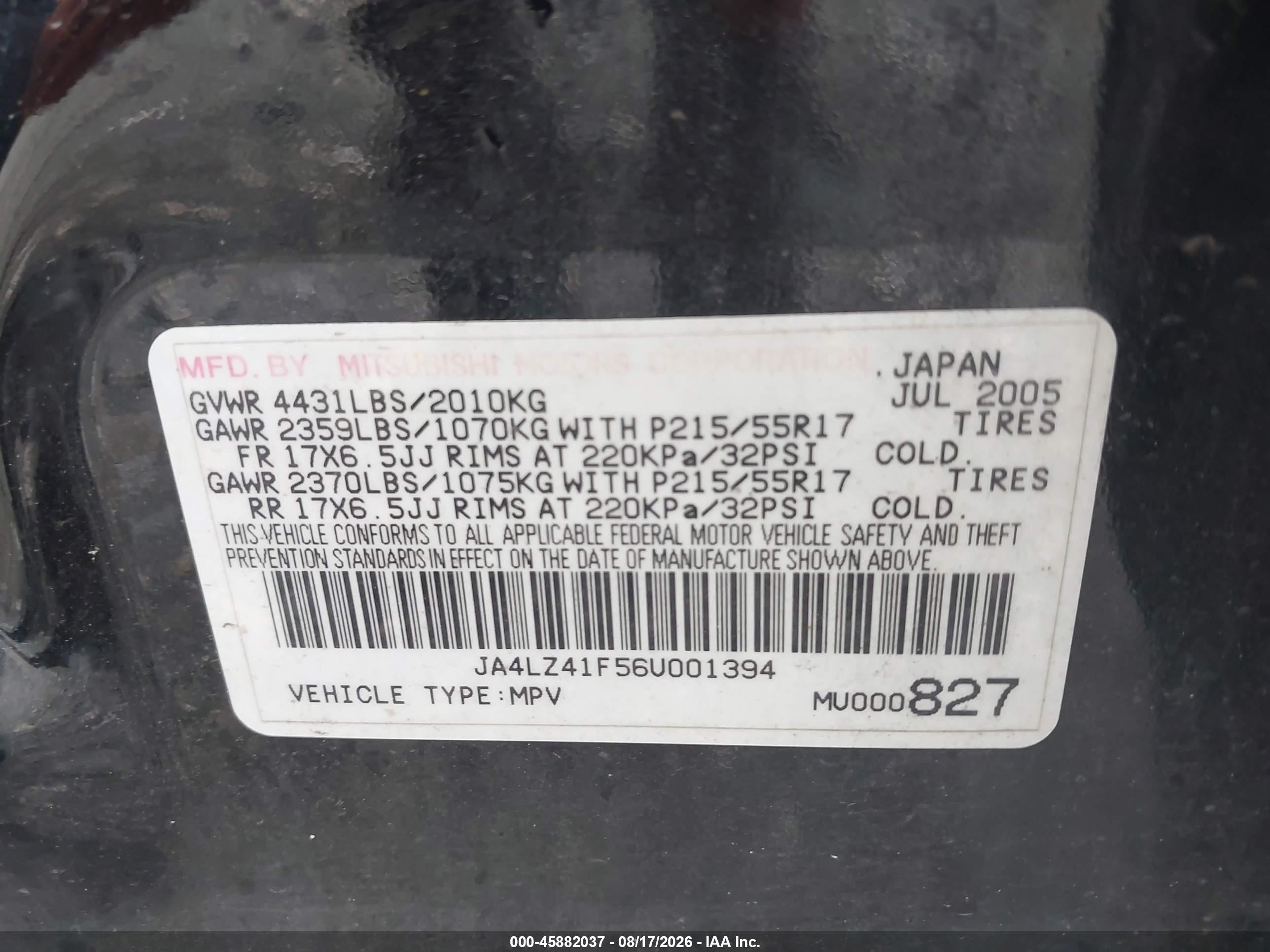 2006 Mitsubishi Outlander Se Black vin: JA4LZ41F56U001394
