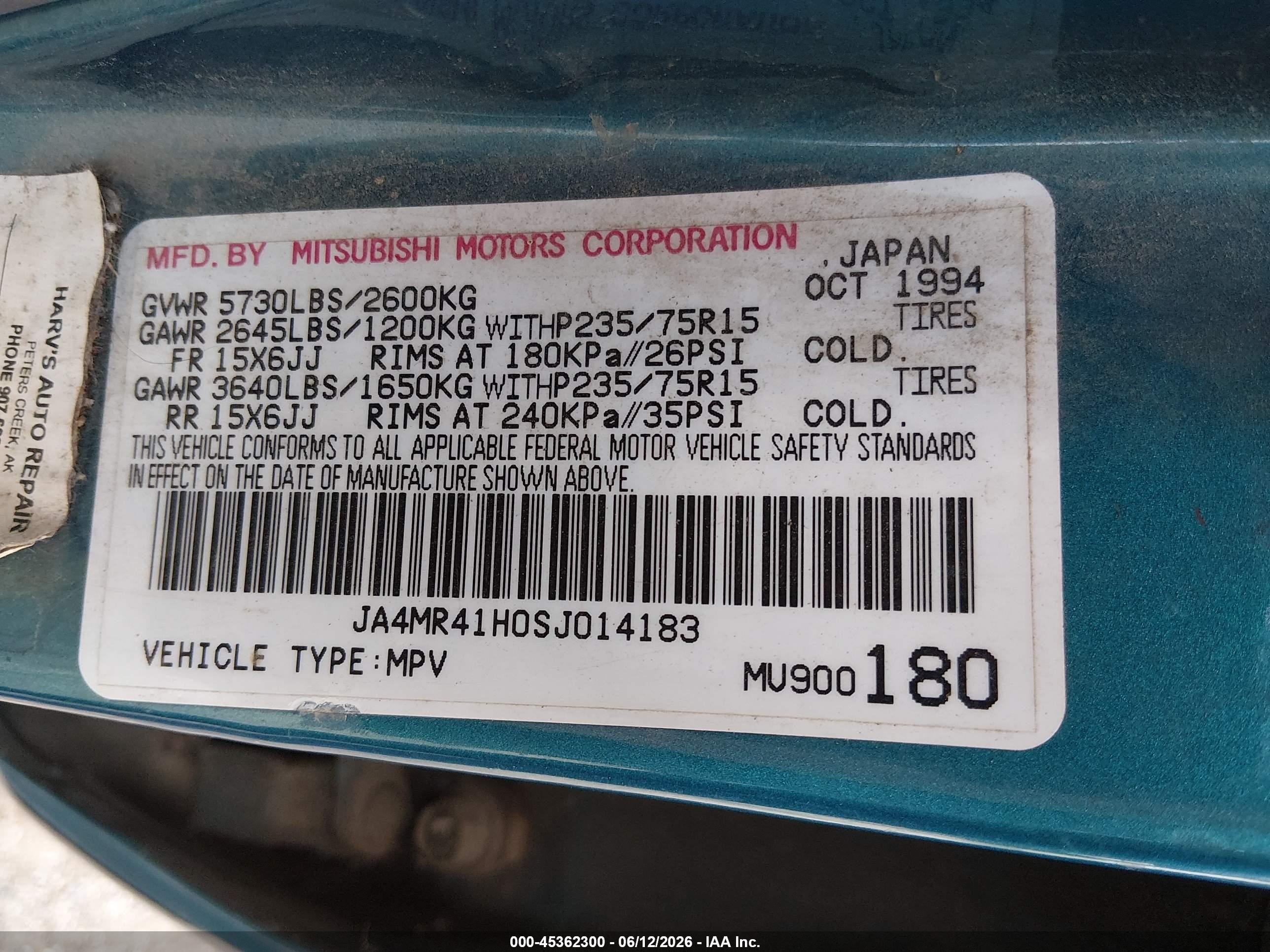 1995 Mitsubishi Montero Ls Teal vin: JA4MR41H0SJ014183