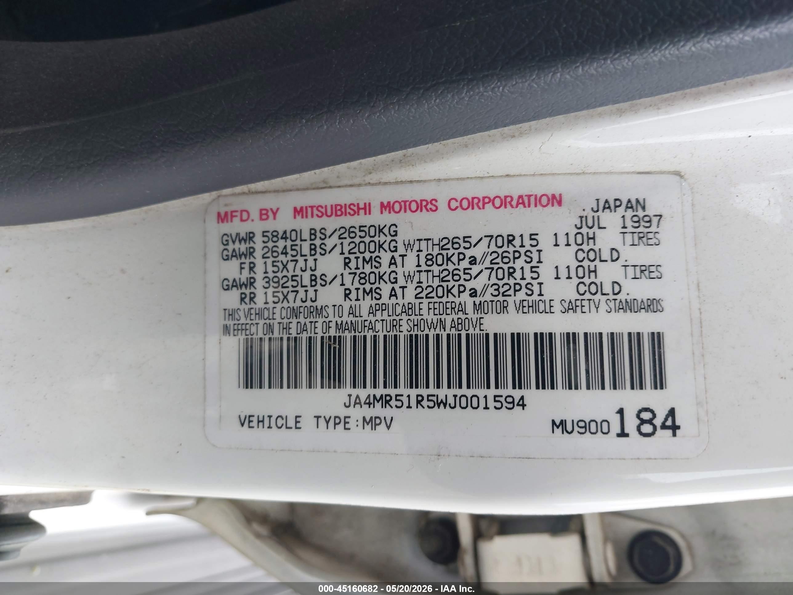 1998 Mitsubishi Montero   White vin: JA4MR51R5WJ001594