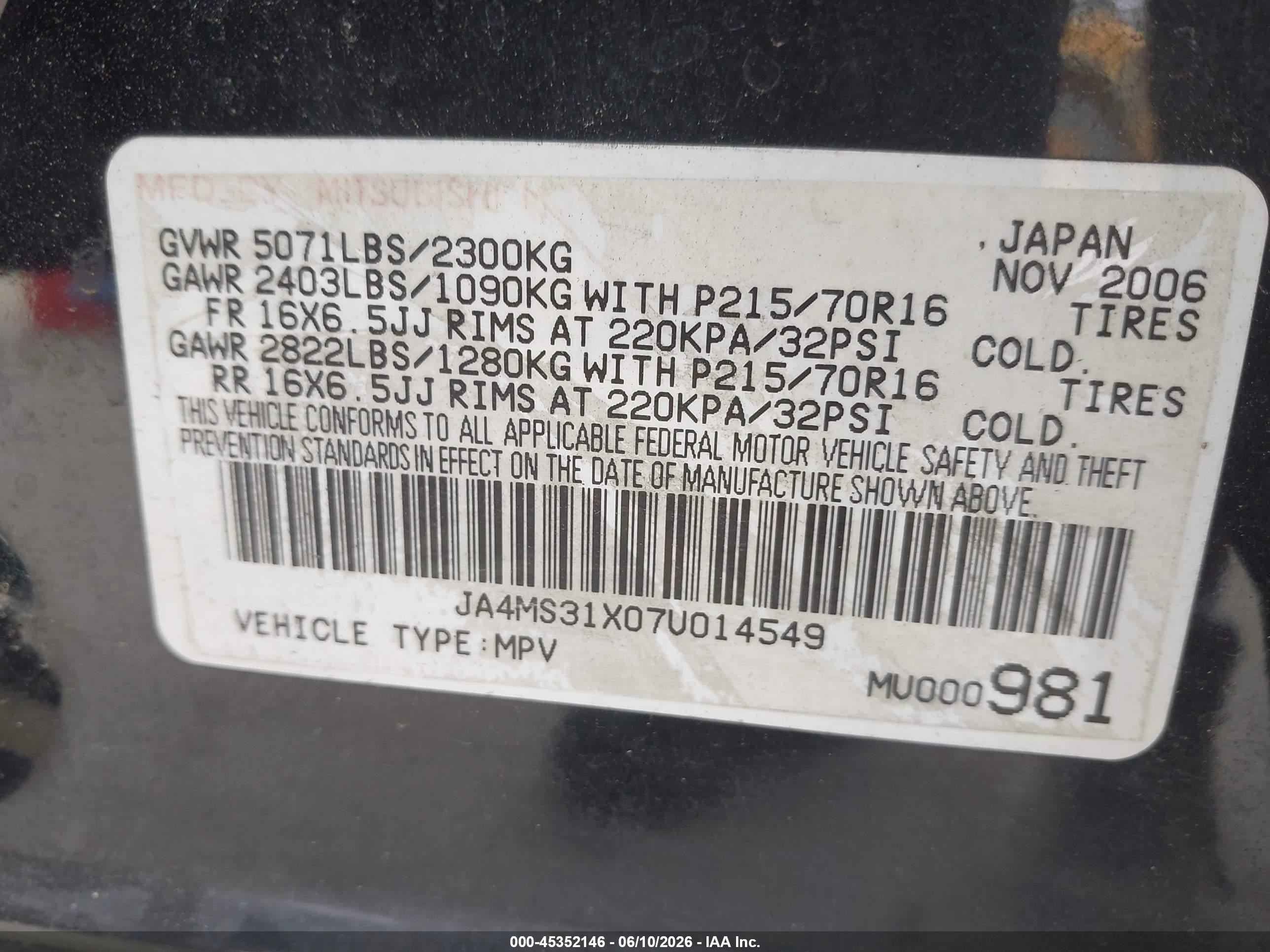 2007 Mitsubishi Outlander Es/ls Black vin: JA4MS31X07U014549