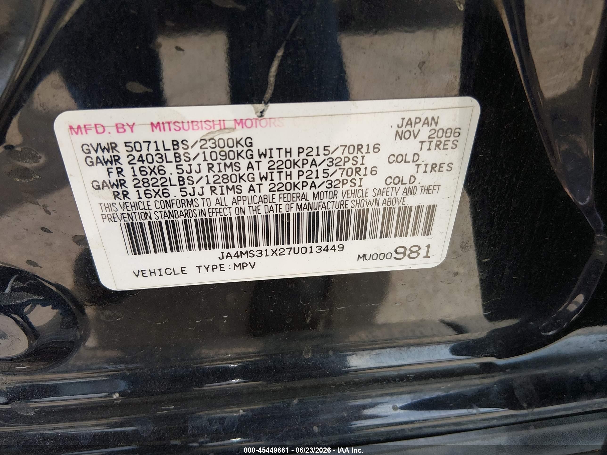 2007 Mitsubishi Outlander Es/ls Black vin: JA4MS31X27U013449