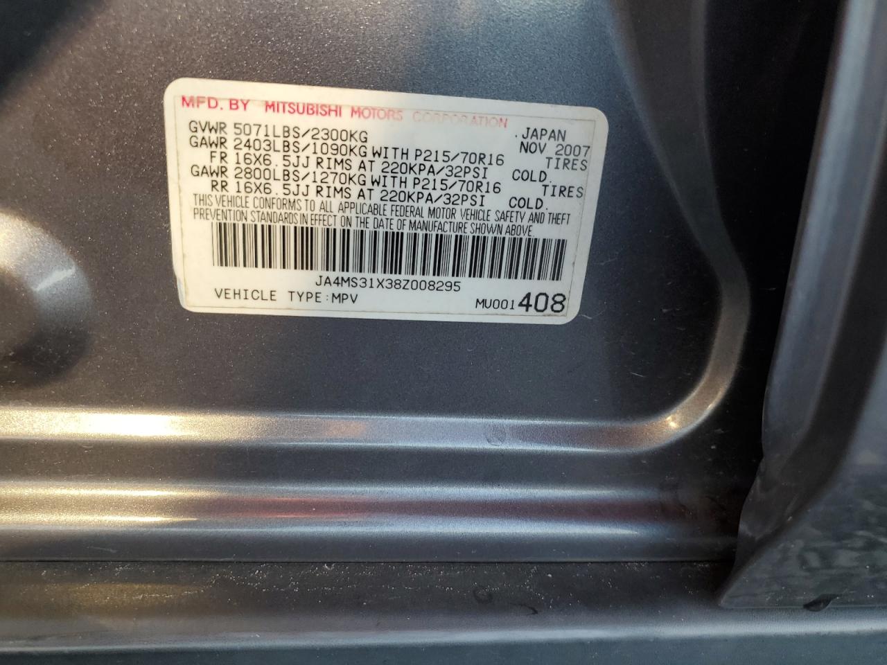 2008 Mitsubishi Outlander Ls Charcoal vin: JA4MS31X38Z008295