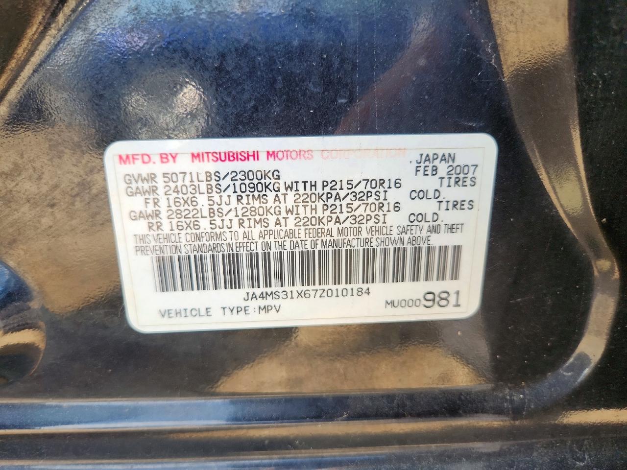 2007 Mitsubishi Outlander Es Black vin: JA4MS31X67Z010184