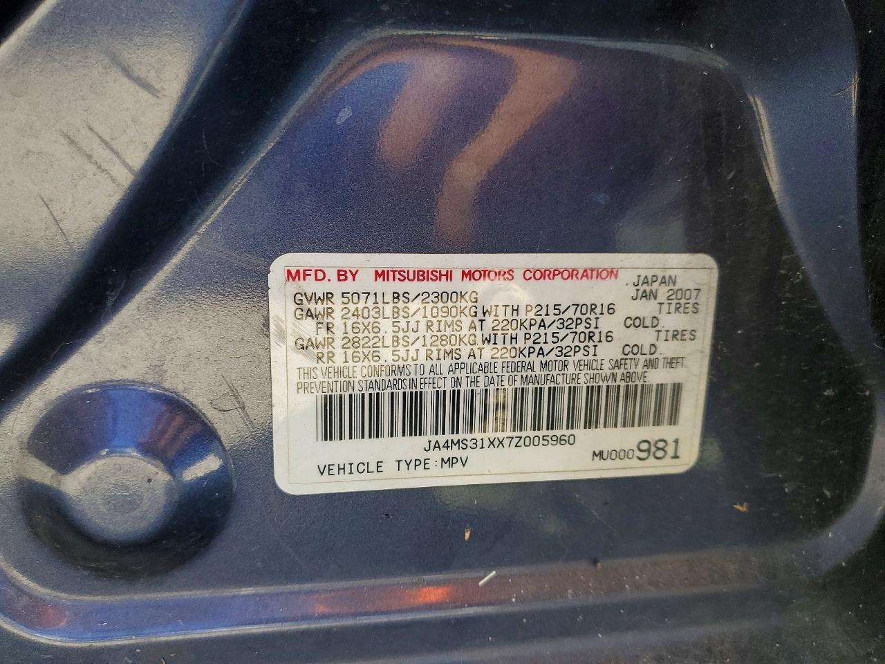 2007 Mitsubishi Outlander Es Blue vin: JA4MS31XX7Z005960