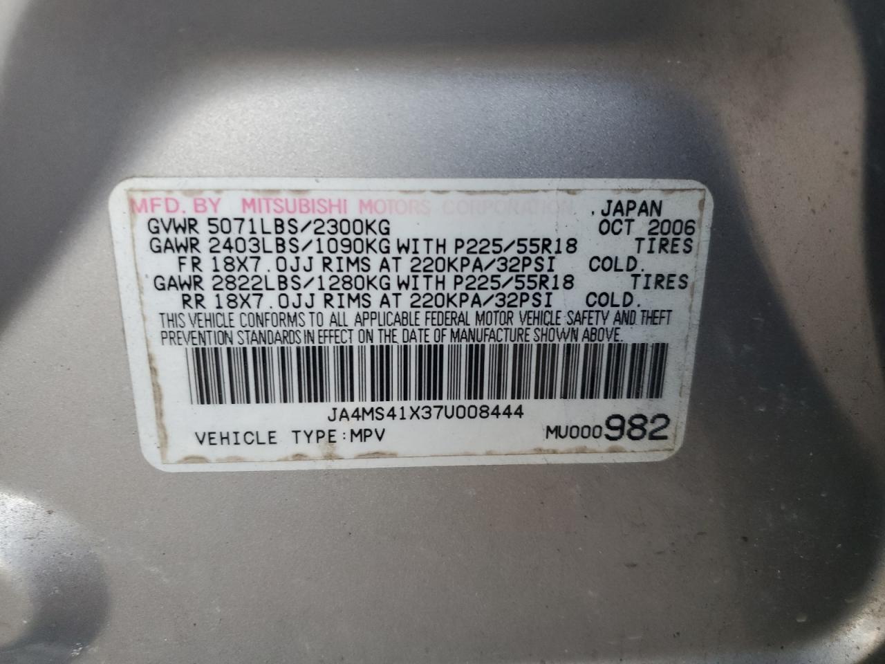 2007 Mitsubishi Outlander Xls Silver vin: JA4MS41X37U008444
