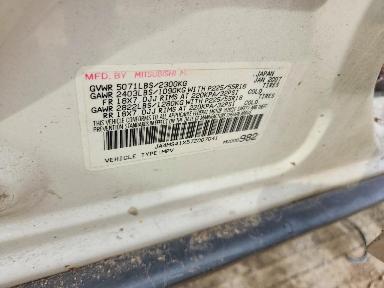 2007 Mitsubishi Outlander Xls White vin: JA4MS41X57Z007041