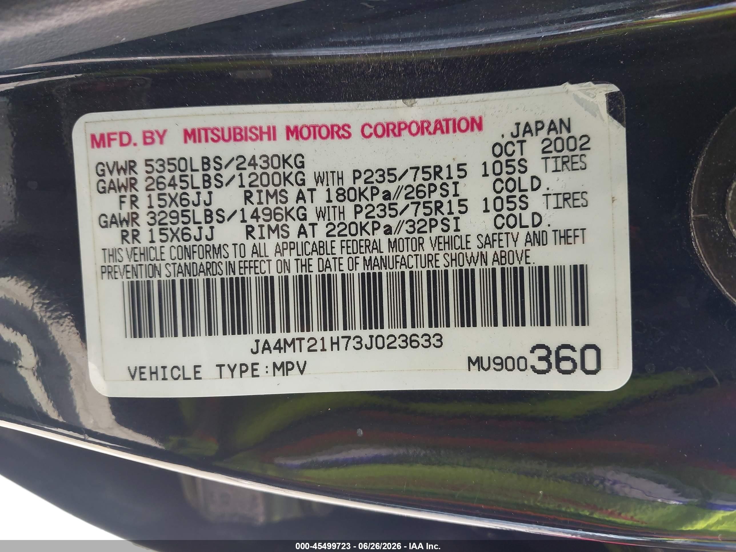2003 Mitsubishi Montero Sport Es/ls Black vin: JA4MT21H73J023633