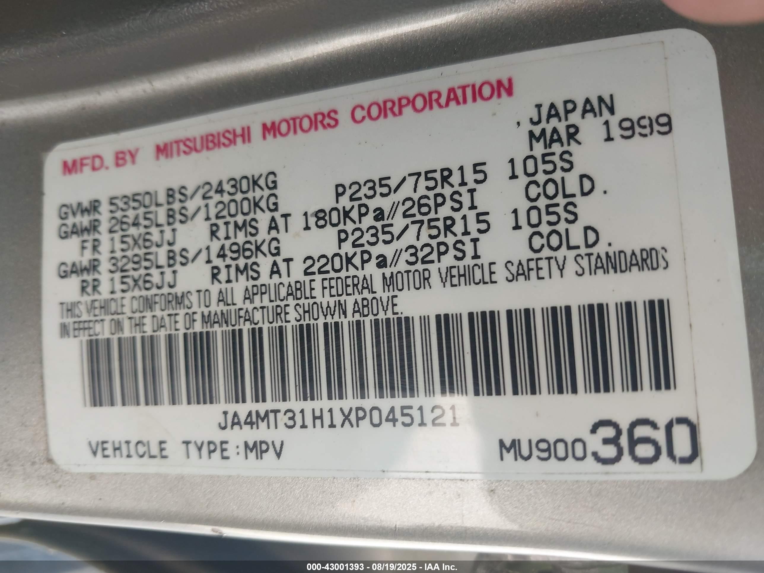 1999 Mitsubishi Montero Sport Ls/xls Silver vin: JA4MT31H1XP045121