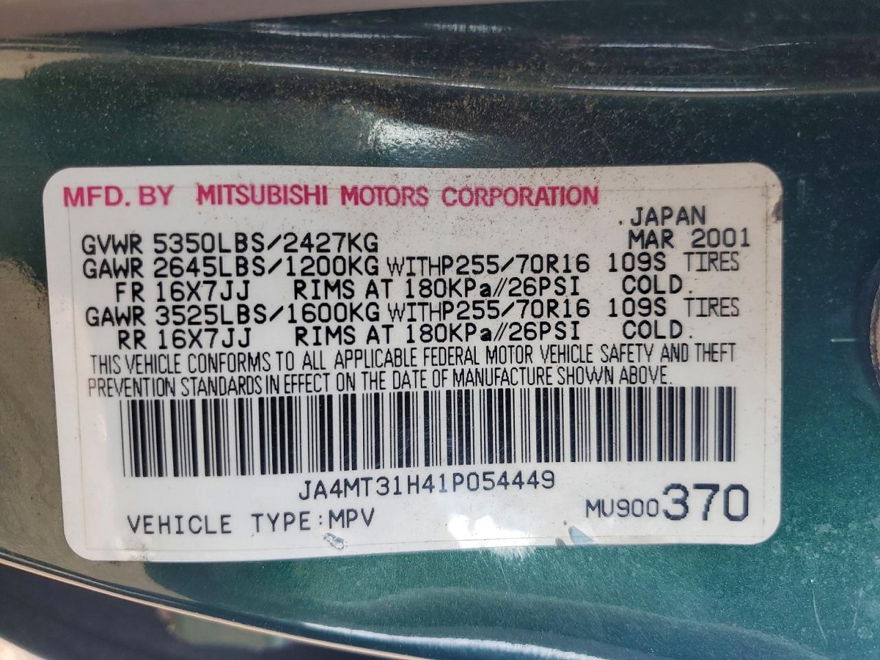 2001 Mitsubishi Montero Sport Xls Green vin: JA4MT31H41P054449