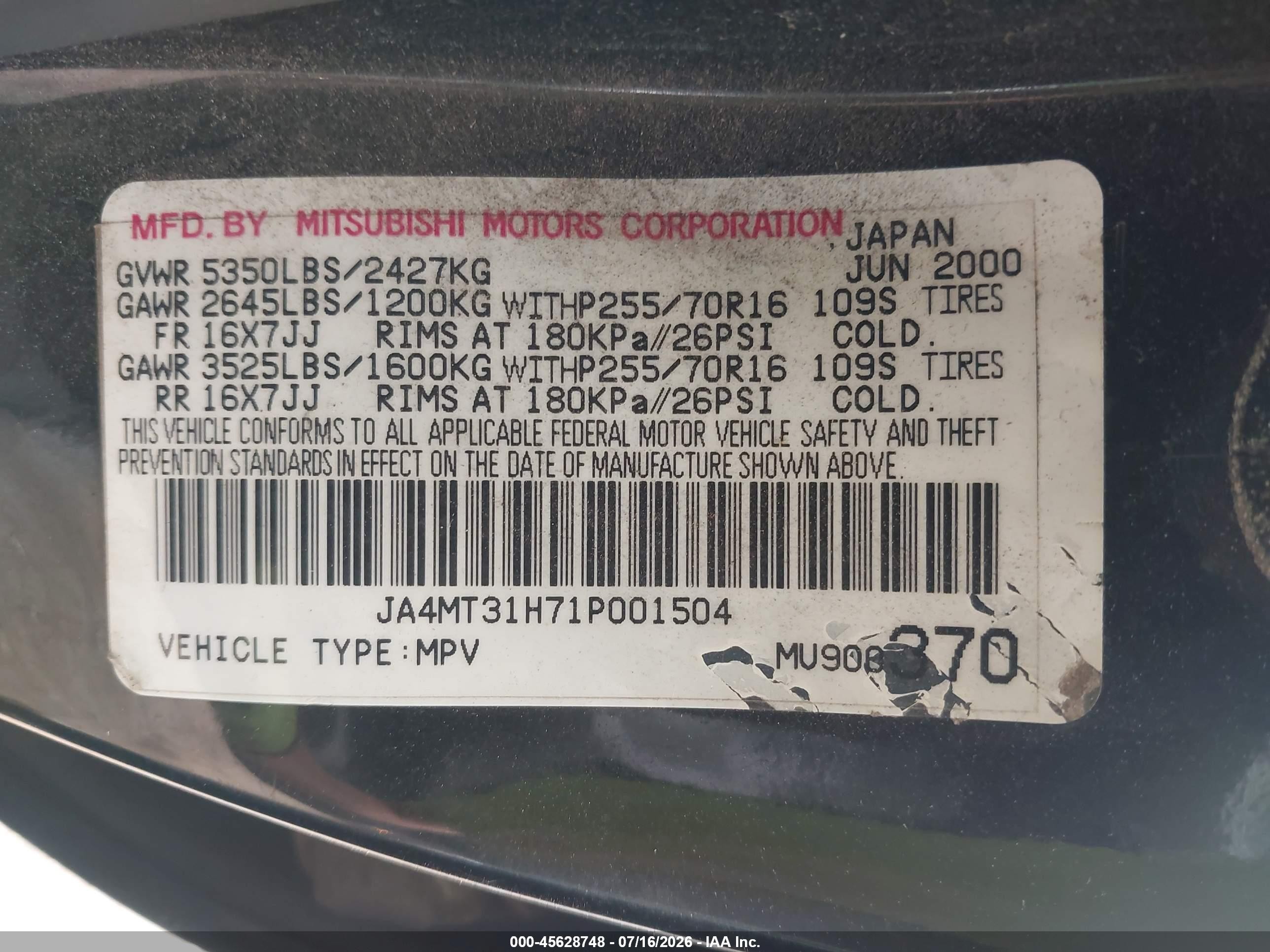 2001 Mitsubishi Montero Sport Xls Black vin: JA4MT31H71P001504