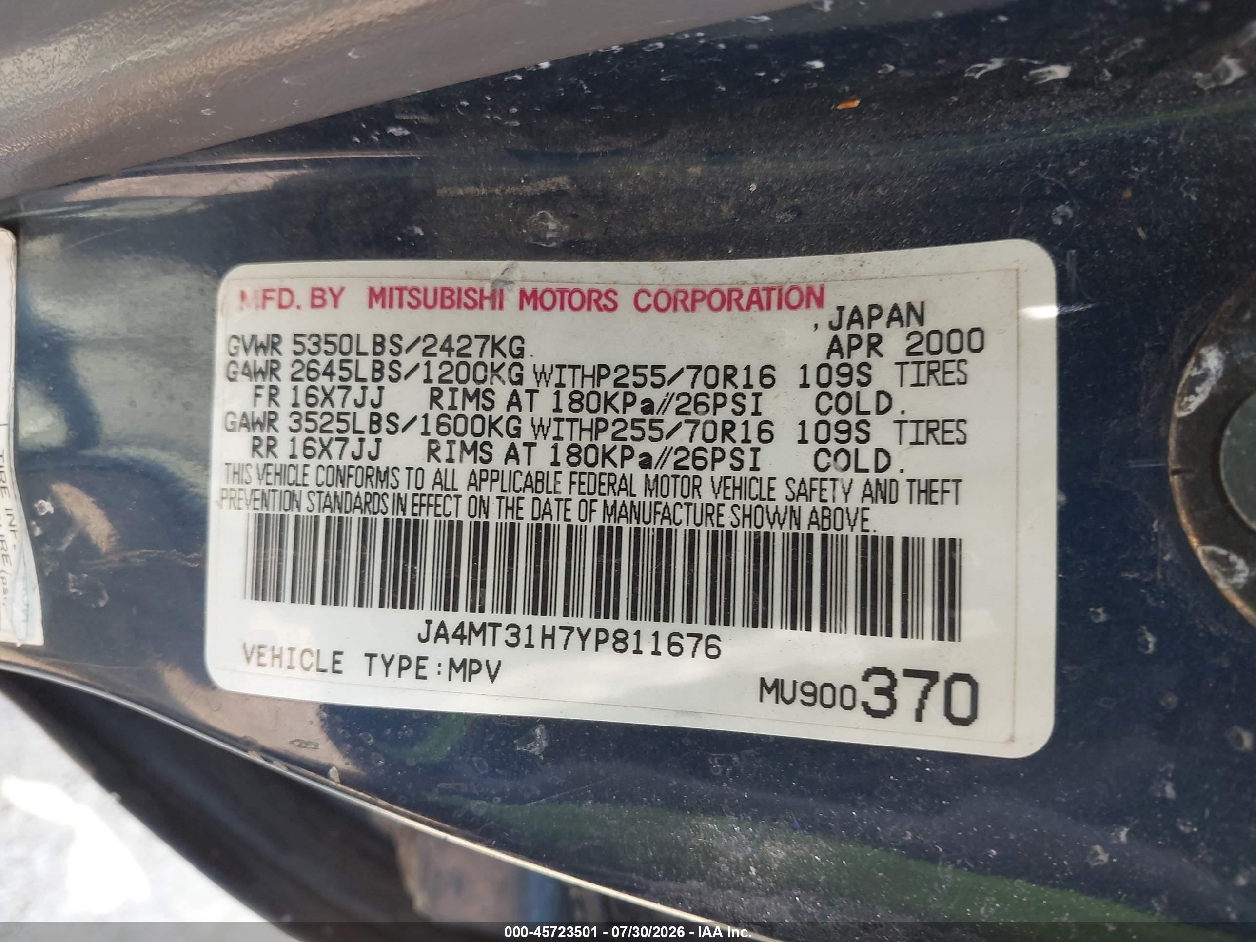 2000 Mitsubishi Montero Sport Ls/xls Blue vin: JA4MT31H7YP811676