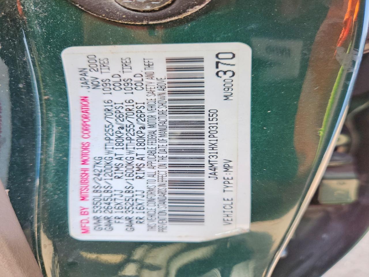 2001 Mitsubishi Montero Sport Xls Green vin: JA4MT31HX1P031550
