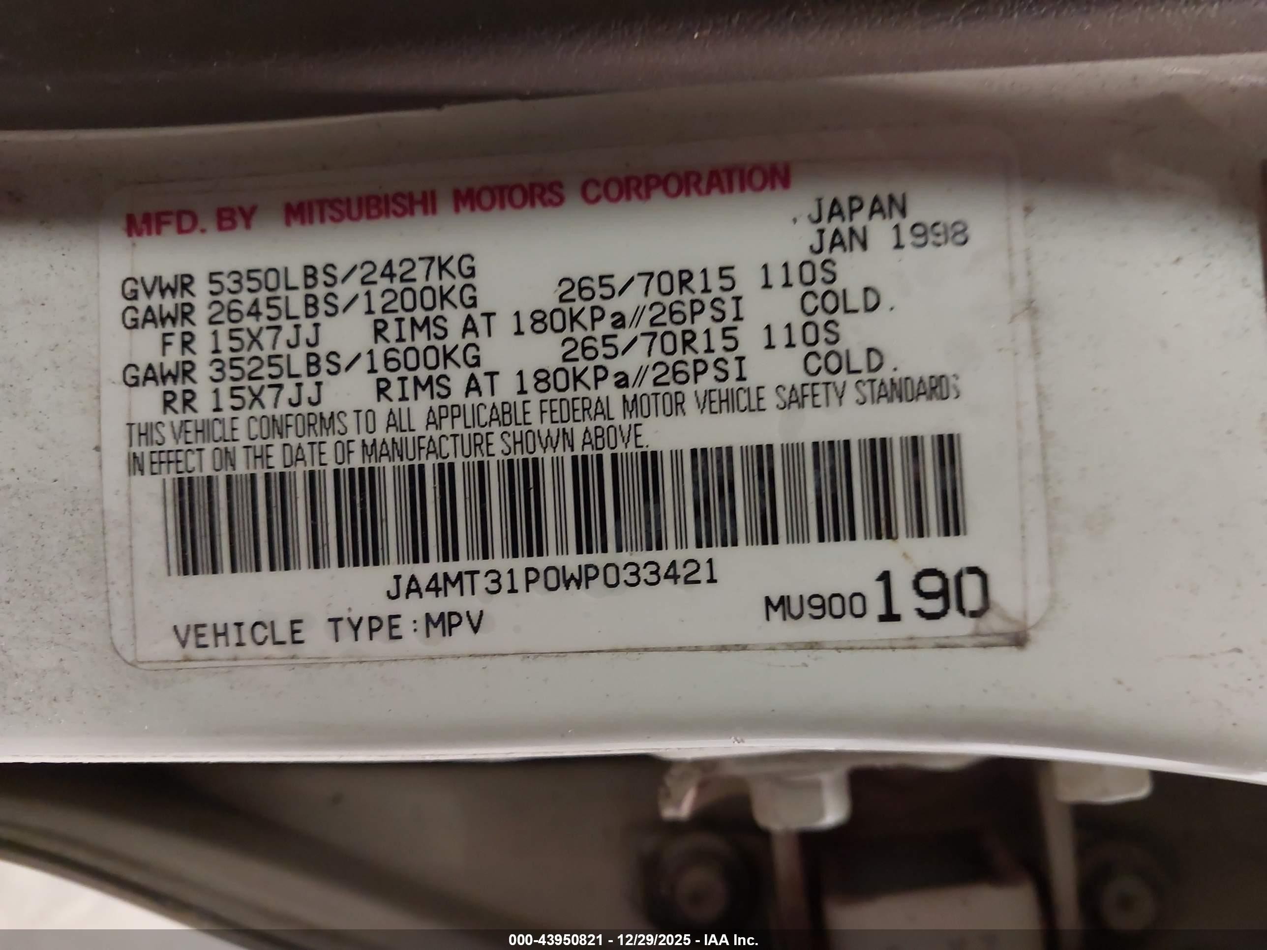1998 Mitsubishi Montero Sport Ls White vin: JA4MT31P0WP033421