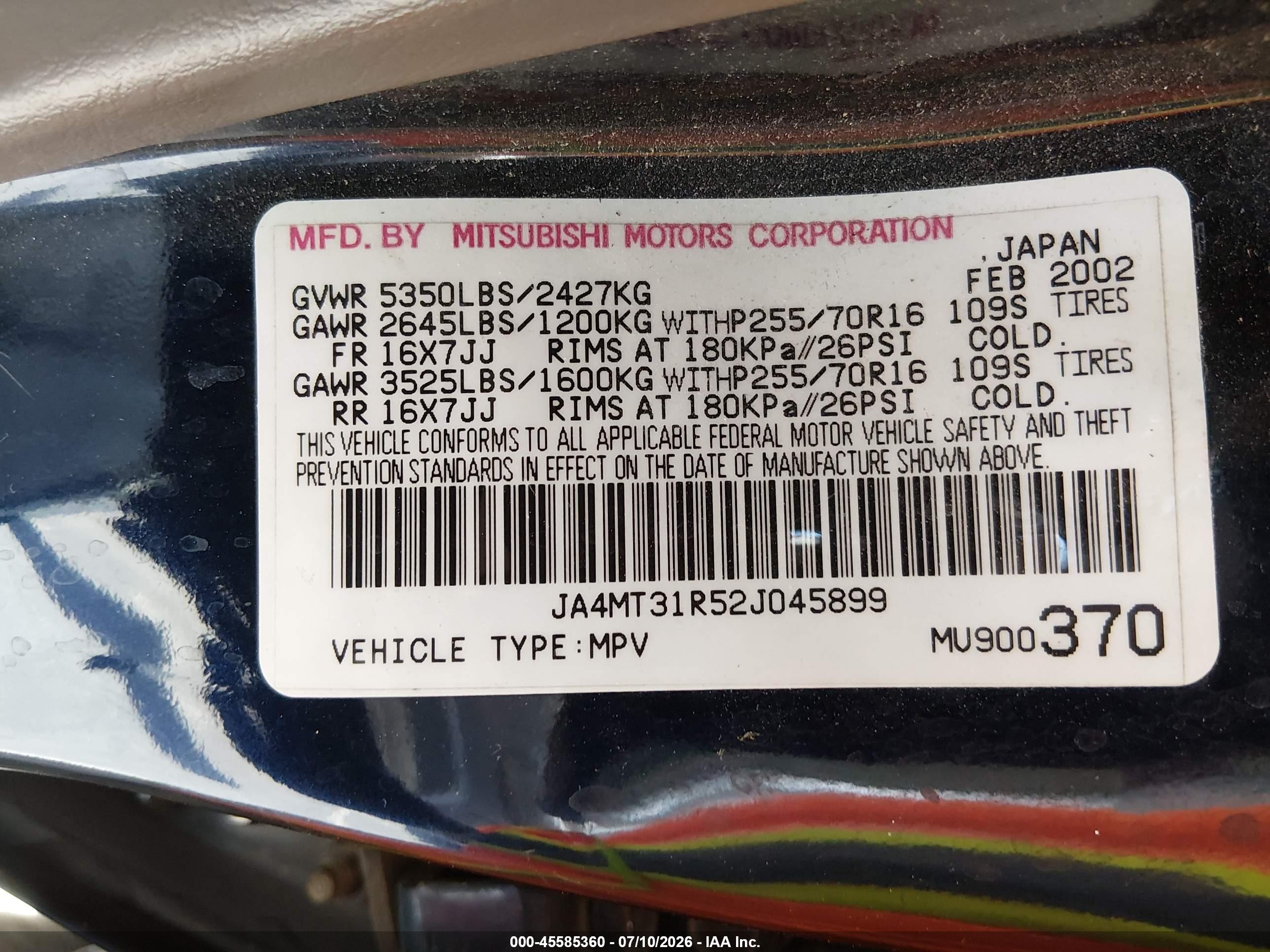 2002 Mitsubishi Montero Sport Xls Blue vin: JA4MT31R52J045899