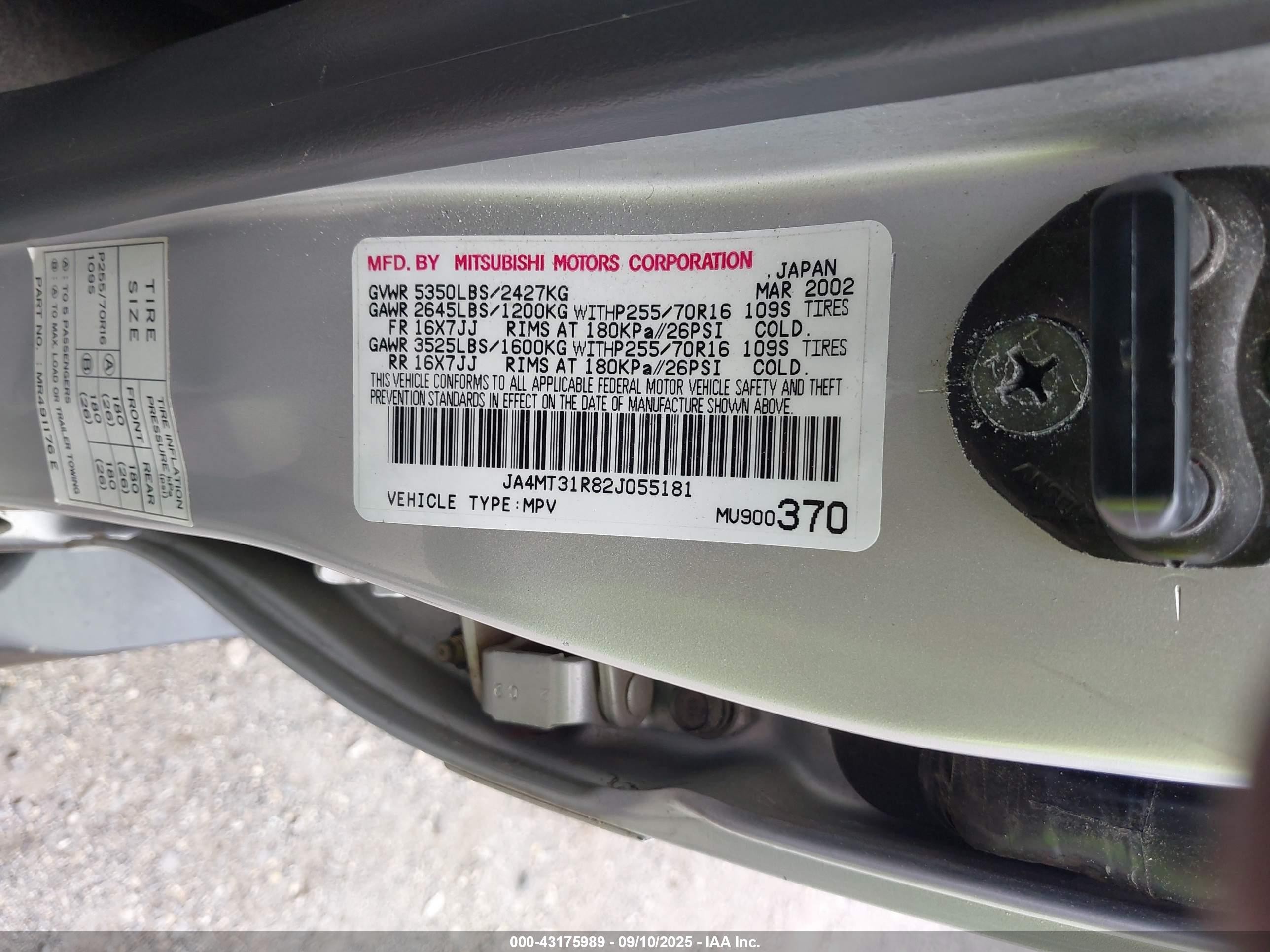 2002 Mitsubishi Montero Sport Xls Серый vin: JA4MT31R82J055181