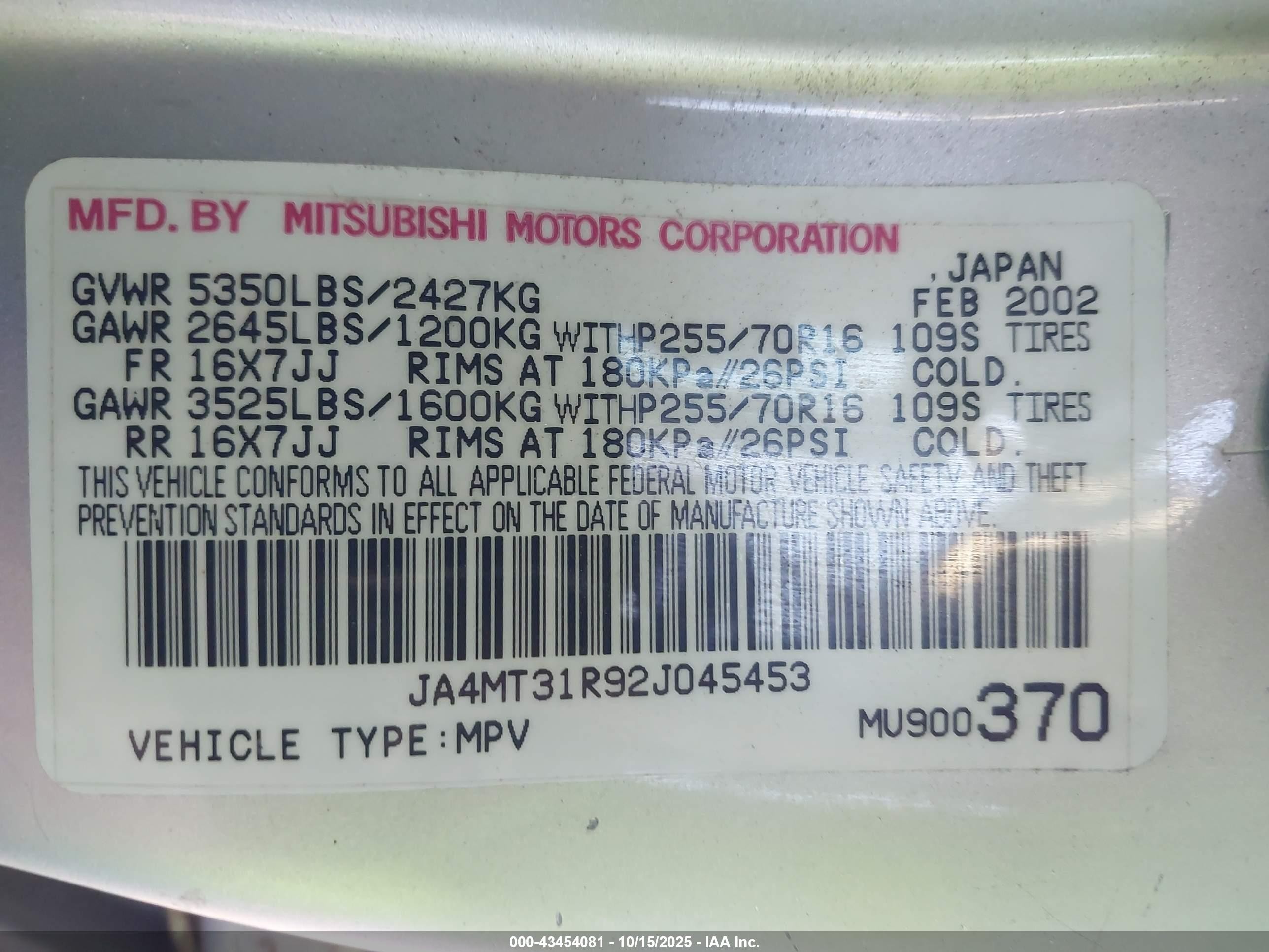 2002 Mitsubishi Montero Sport Xls Silver vin: JA4MT31R92J045453