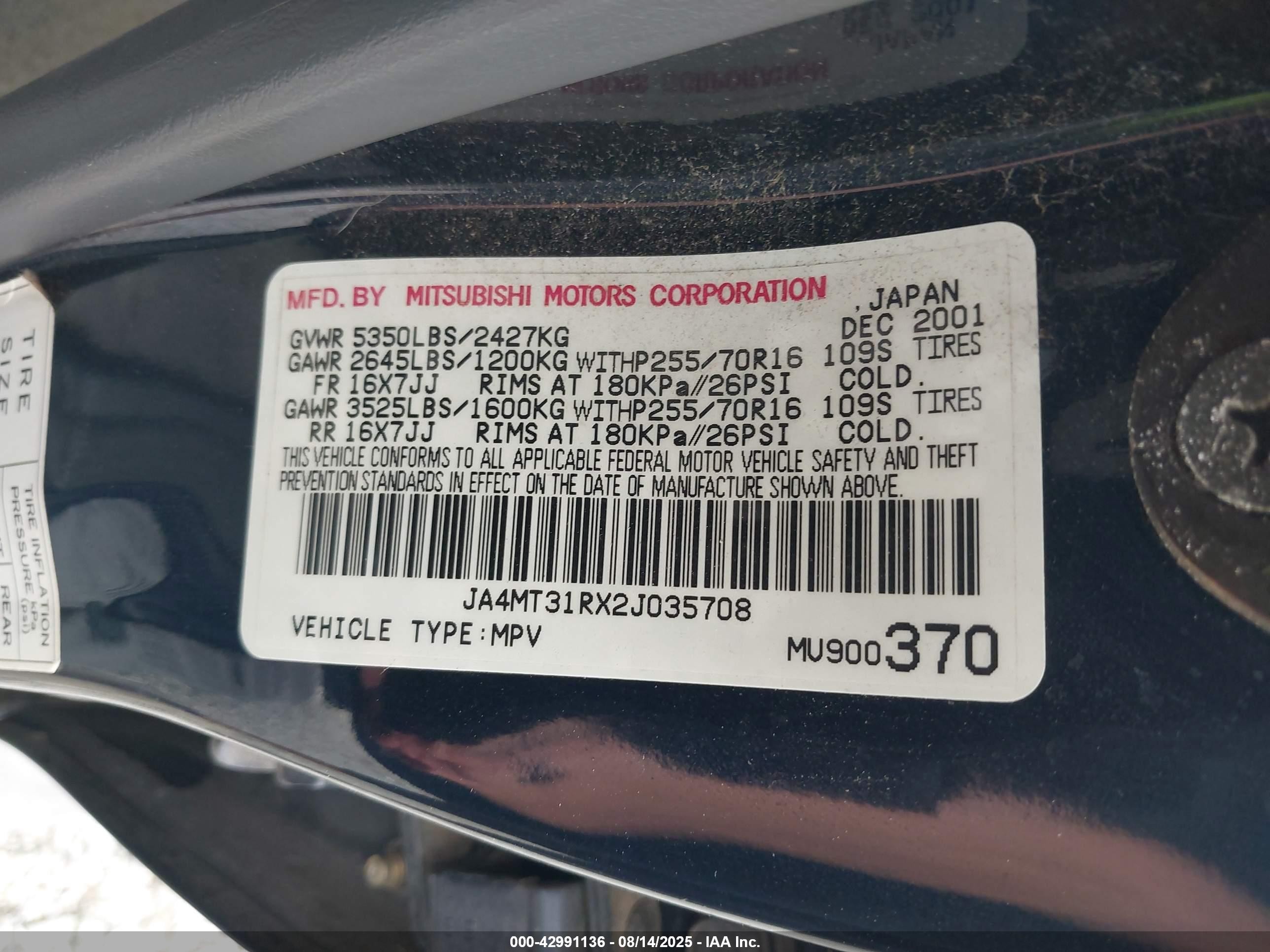 2002 Mitsubishi Montero Sport Xls Синий vin: JA4MT31RX2J035708