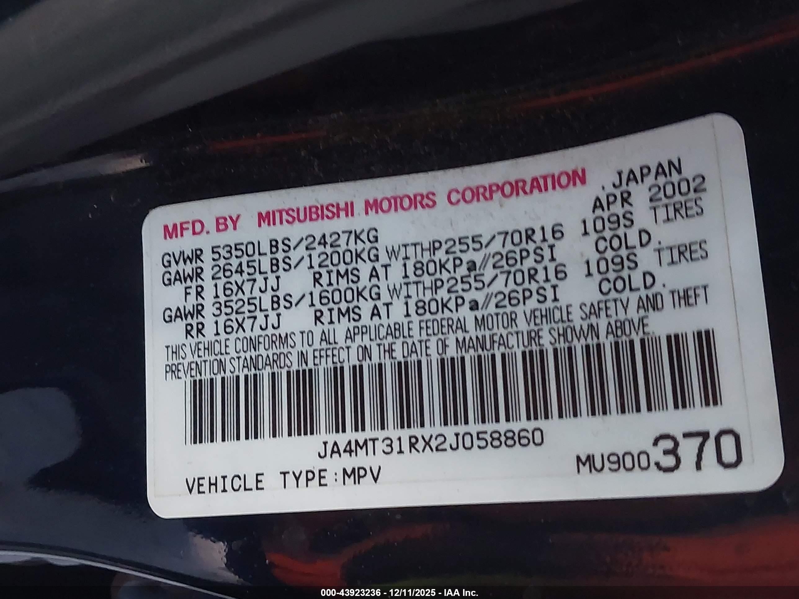 2002 Mitsubishi Montero Sport Xls Dark Blue vin: JA4MT31RX2J058860