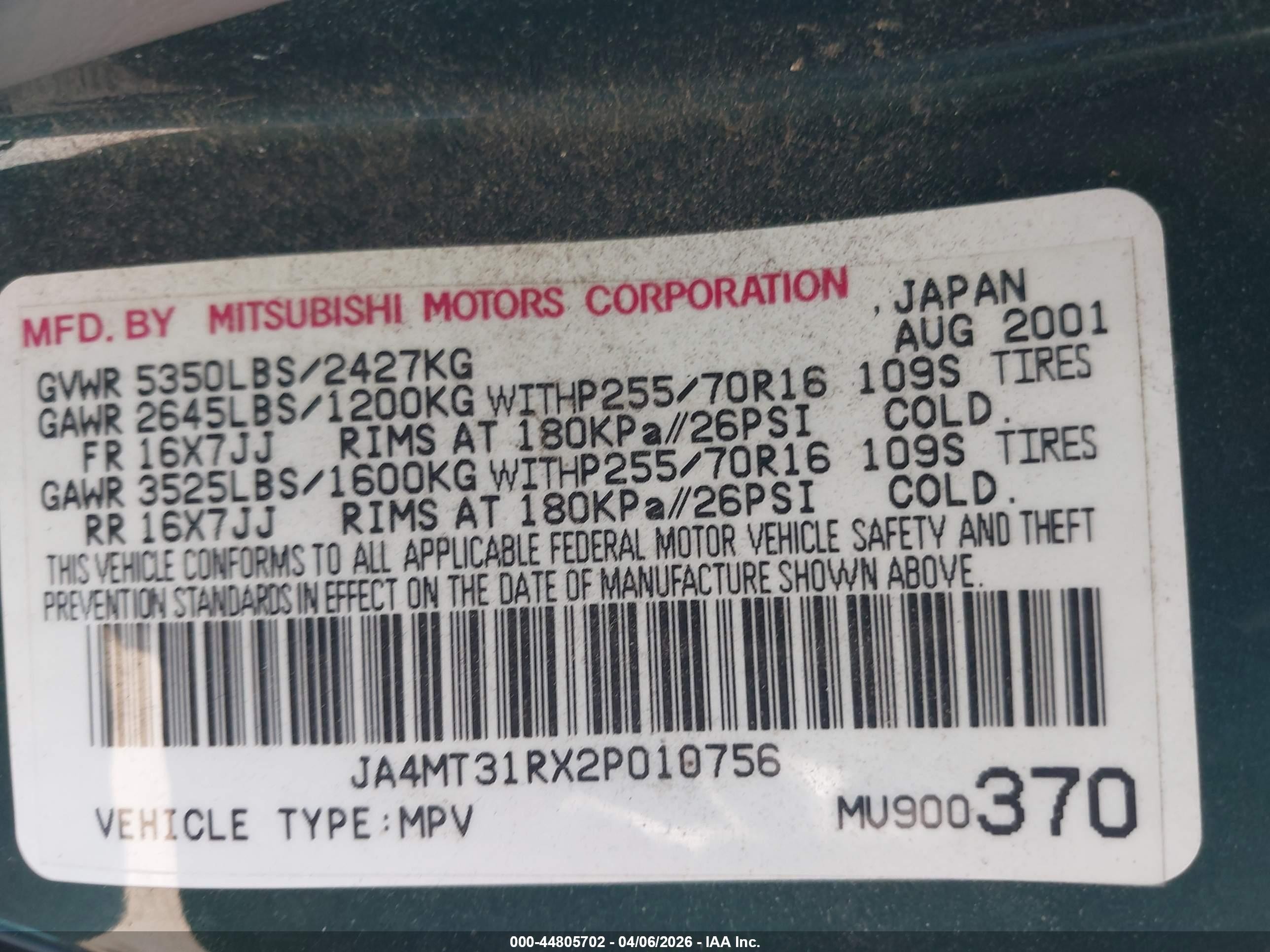 2002 Mitsubishi Montero Sport Xls Green vin: JA4MT31RX2P010756