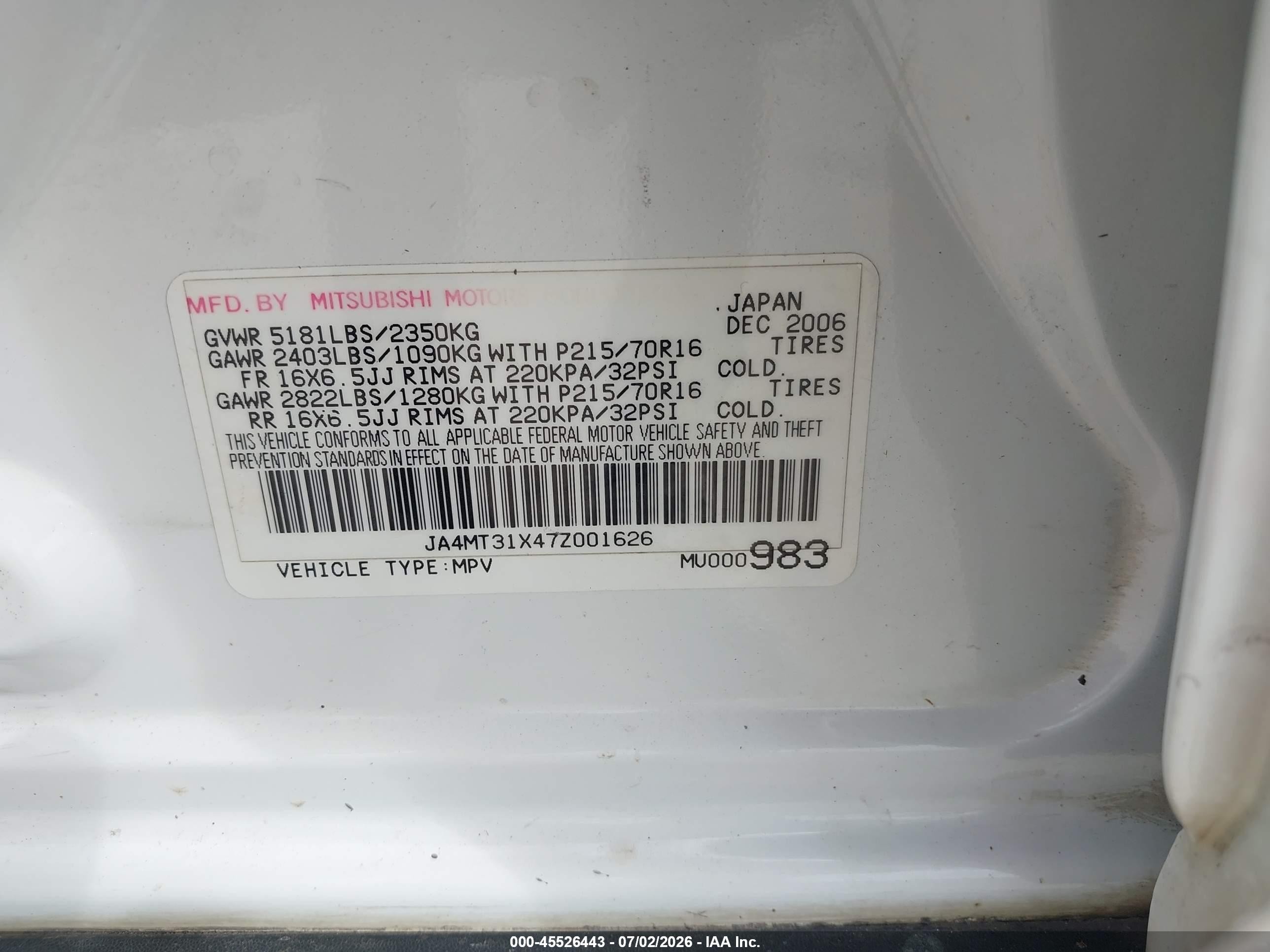2007 Mitsubishi Outlander Ls White vin: JA4MT31X47Z001626