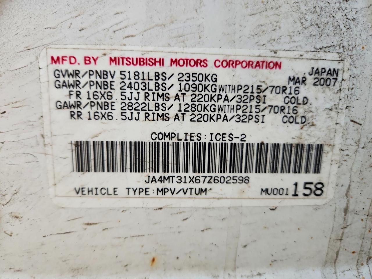 2007 Mitsubishi Outlander Ls White vin: JA4MT31X67Z602598