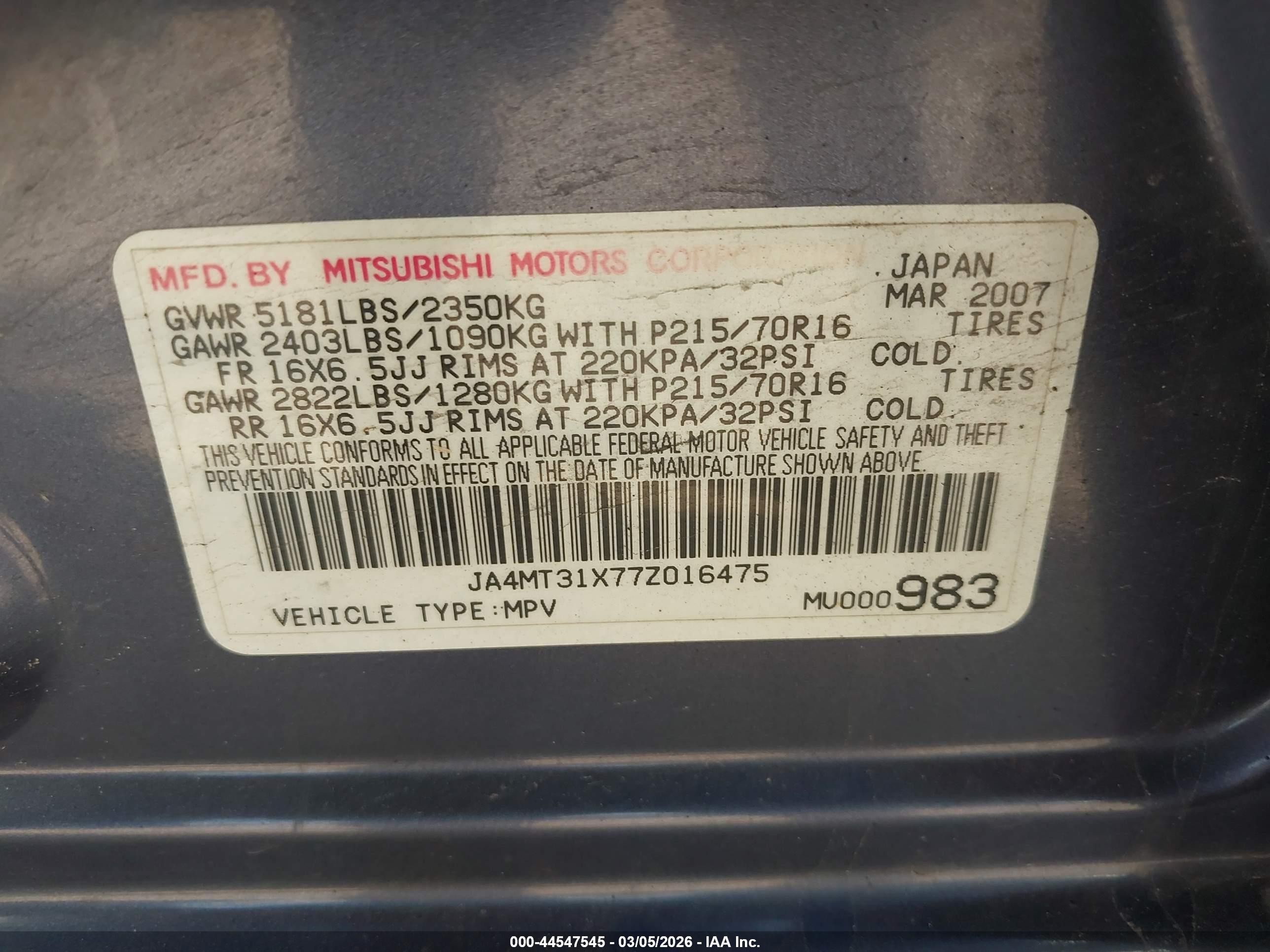 2007 Mitsubishi Outlander Ls Blue vin: JA4MT31X77Z016475