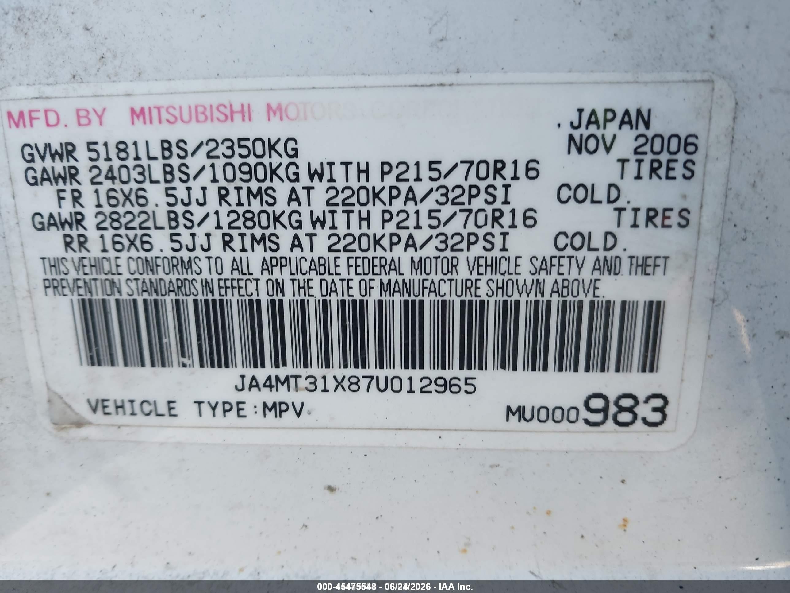2007 Mitsubishi Outlander Ls White vin: JA4MT31X87U012965
