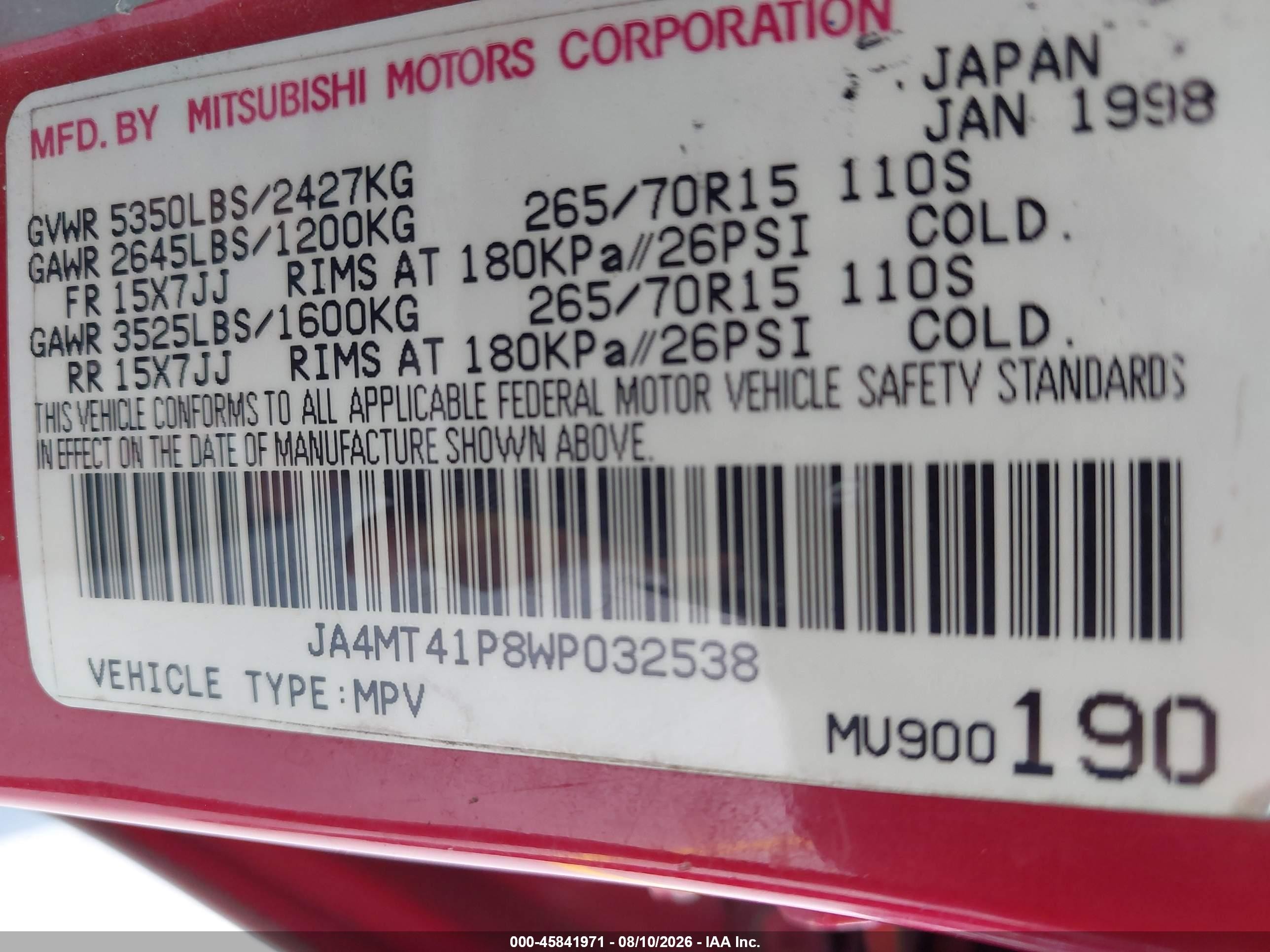 1998 Mitsubishi Montero Sport Xls Red vin: JA4MT41P8WP032538