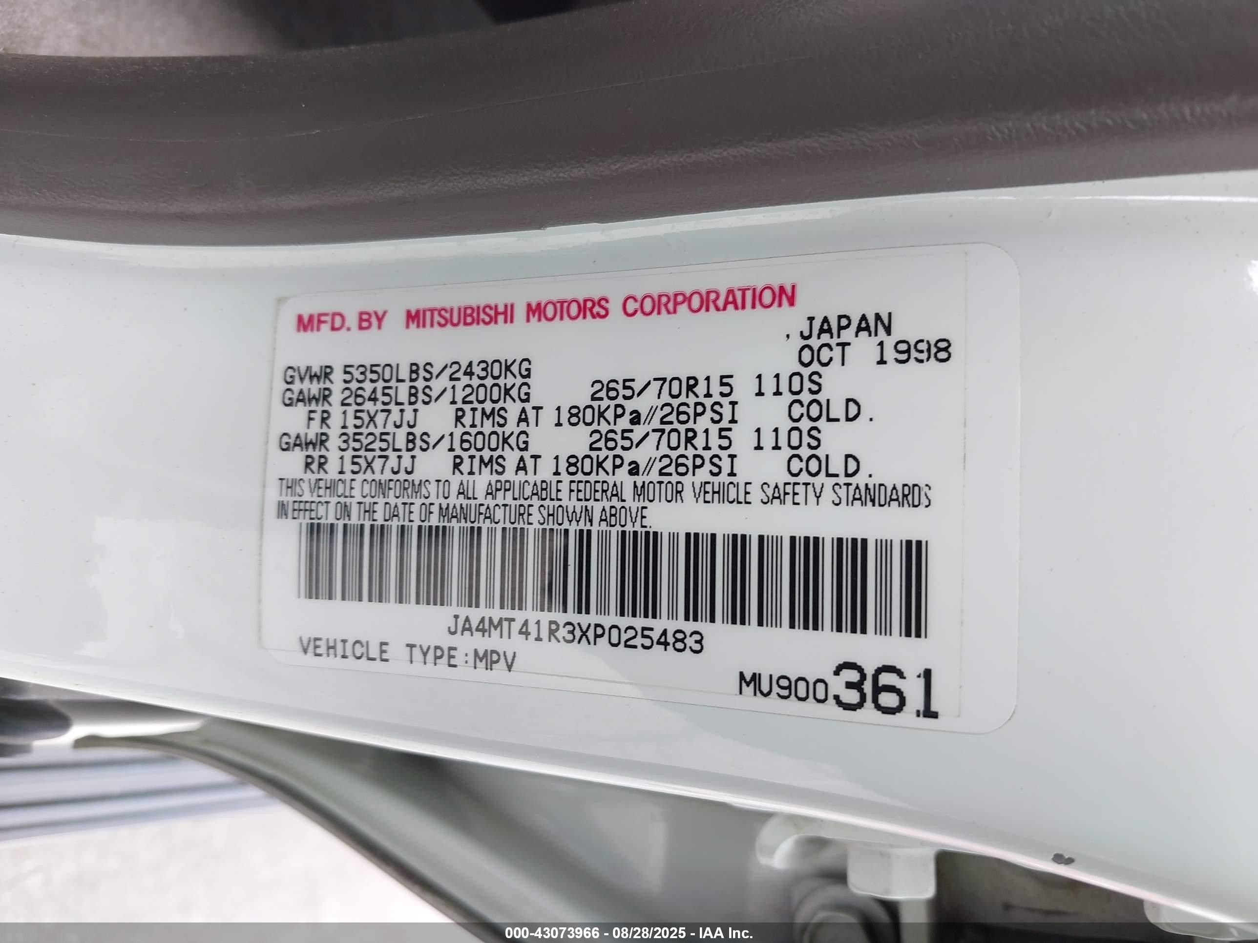 1999 Mitsubishi Montero Sport Ltd Белый vin: JA4MT41R3XP025483