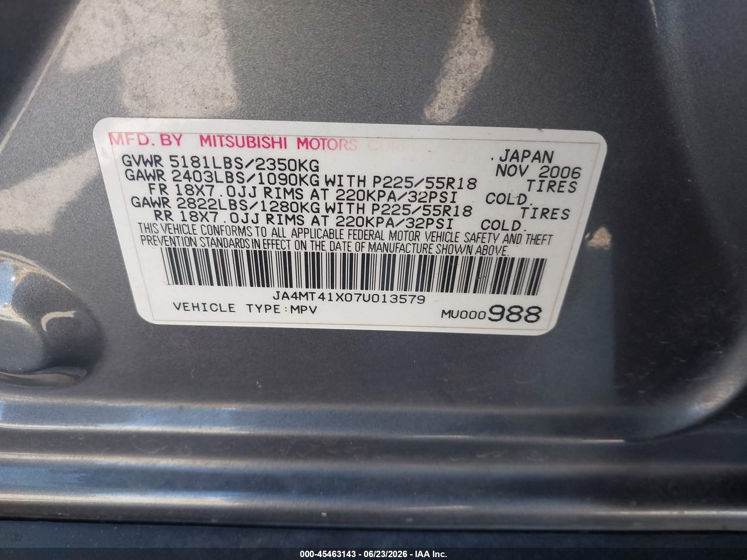 2007 Mitsubishi Outlander Xls Gray vin: JA4MT41X07U013579