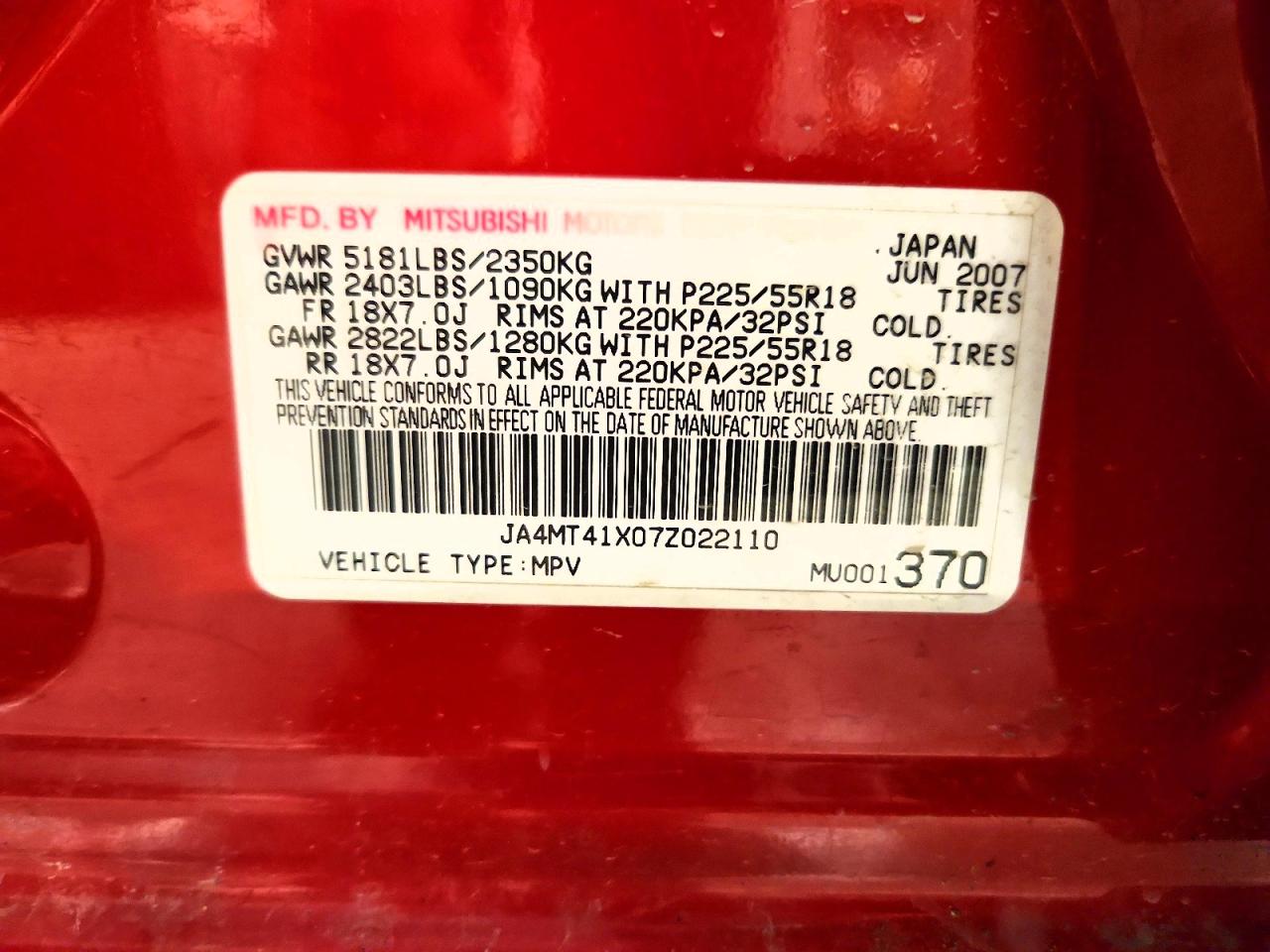 2007 Mitsubishi Outlander Xls Red vin: JA4MT41X07Z022110