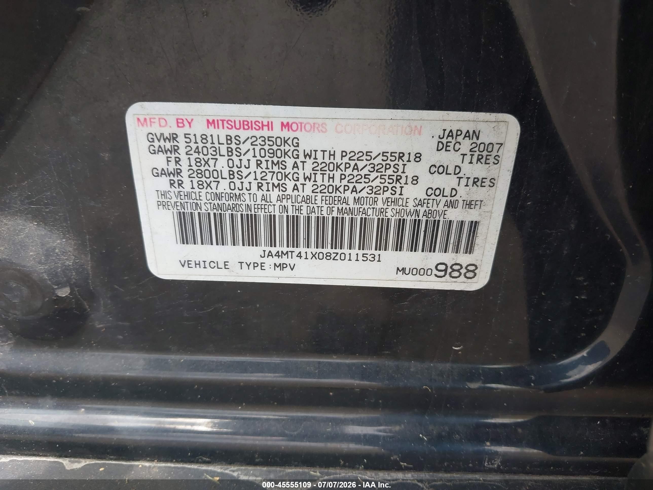 2008 Mitsubishi Outlander Xls Черный vin: JA4MT41X08Z011531
