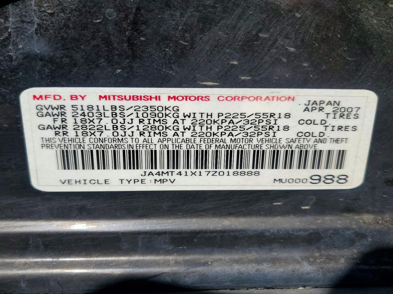 2007 Mitsubishi Outlander Xls Black vin: JA4MT41X17Z018888