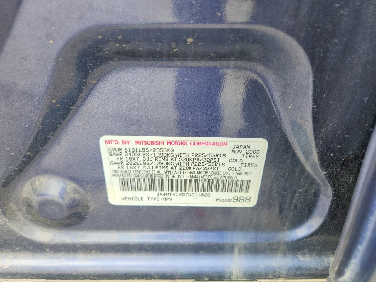 2007 Mitsubishi Outlander Xls Blue vin: JA4MT41X57U011620